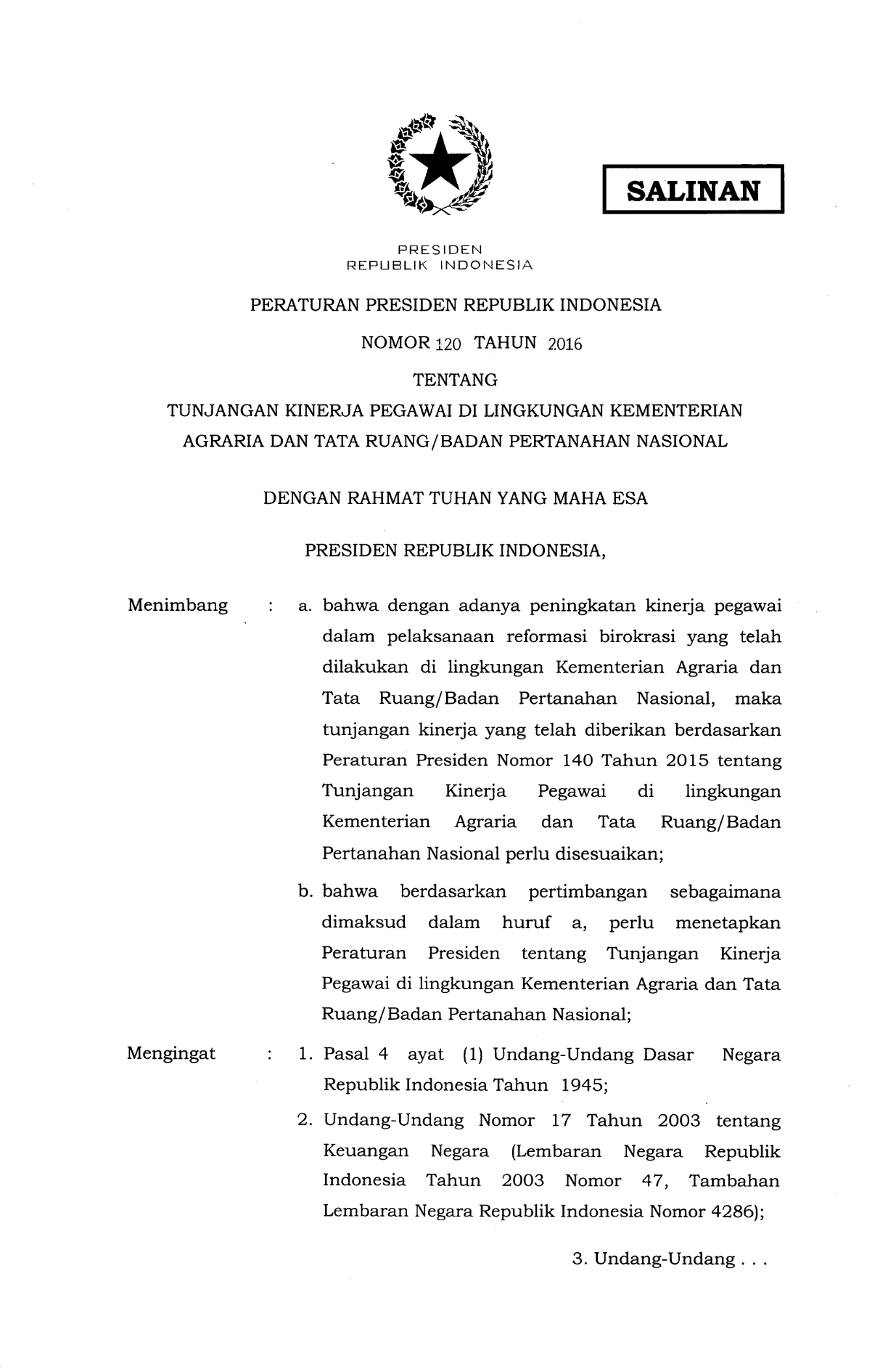 Peraturan Presiden Nomor 120 Tahun 2016