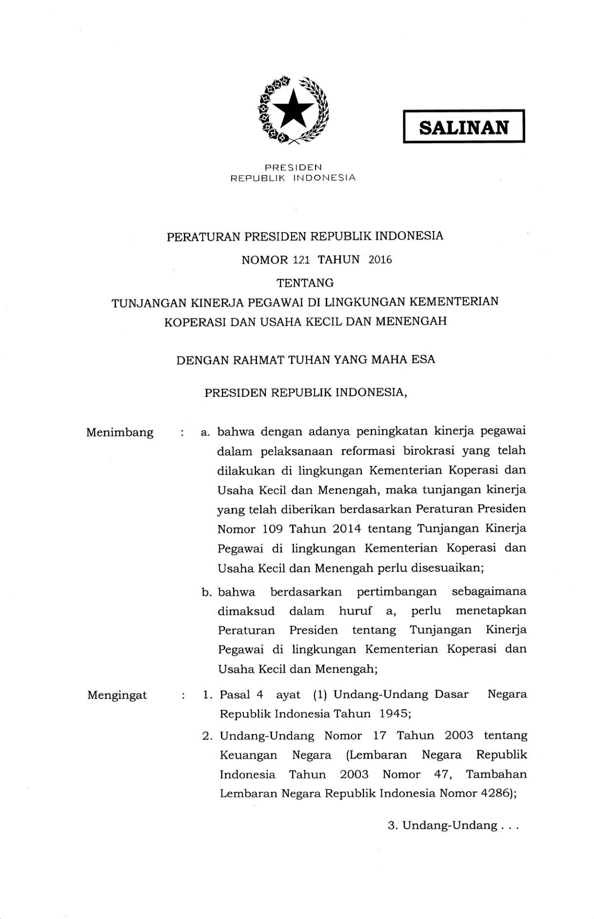Peraturan Presiden Nomor 121 Tahun 2016