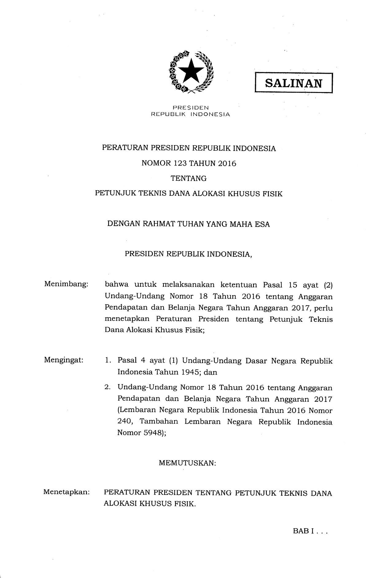 Peraturan Presiden Nomor 123 Tahun 2016