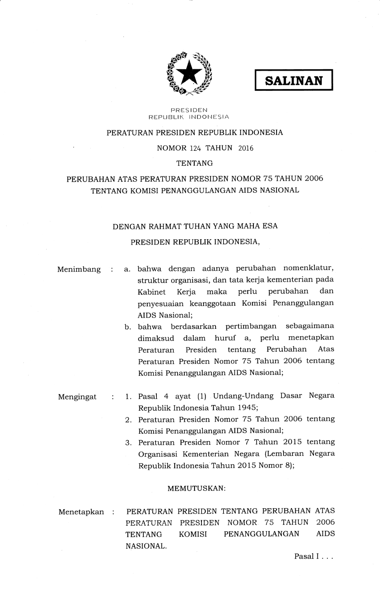 Peraturan Presiden Nomor 124 Tahun 2016