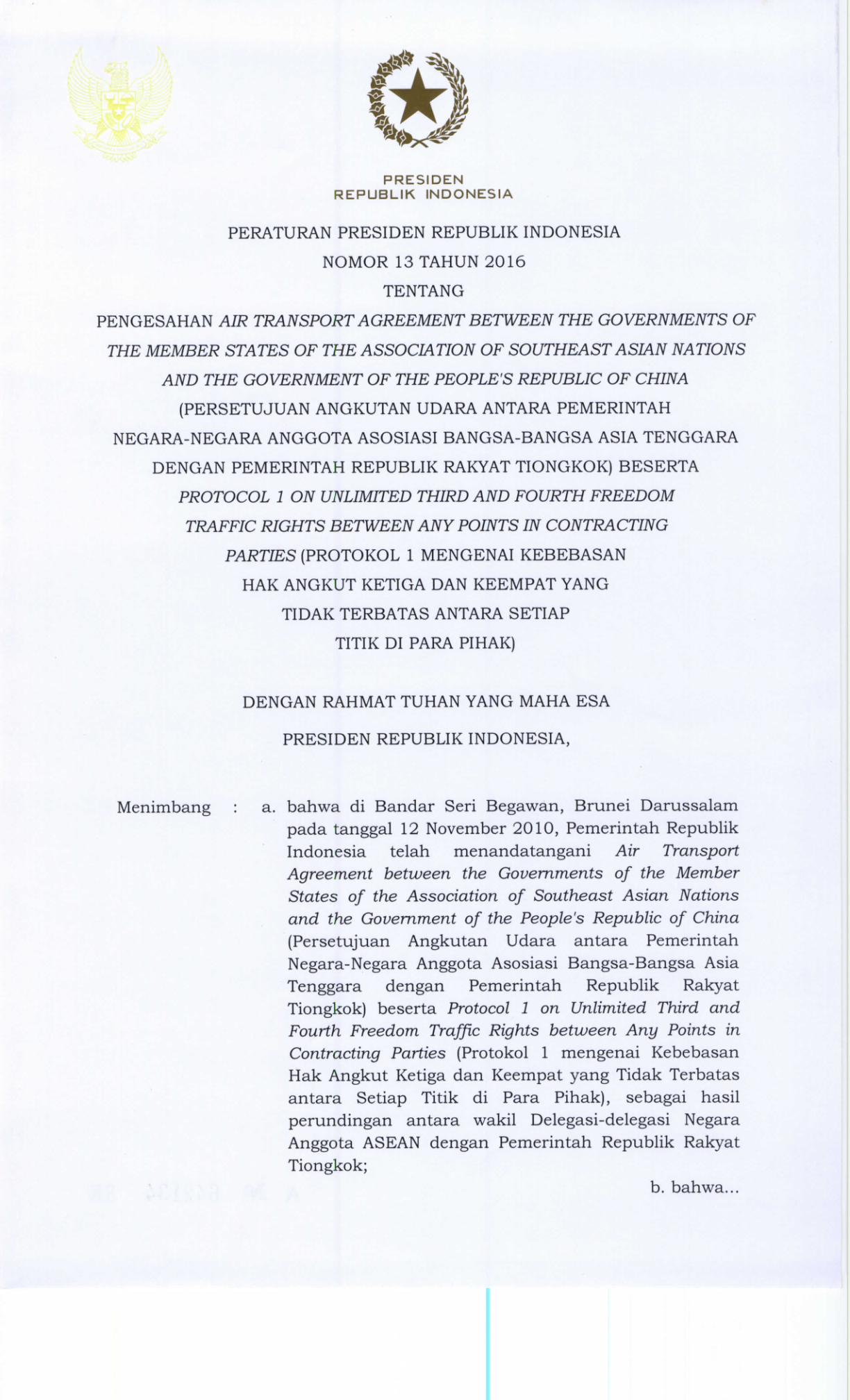 Peraturan Presiden Nomor 13 Tahun 2016