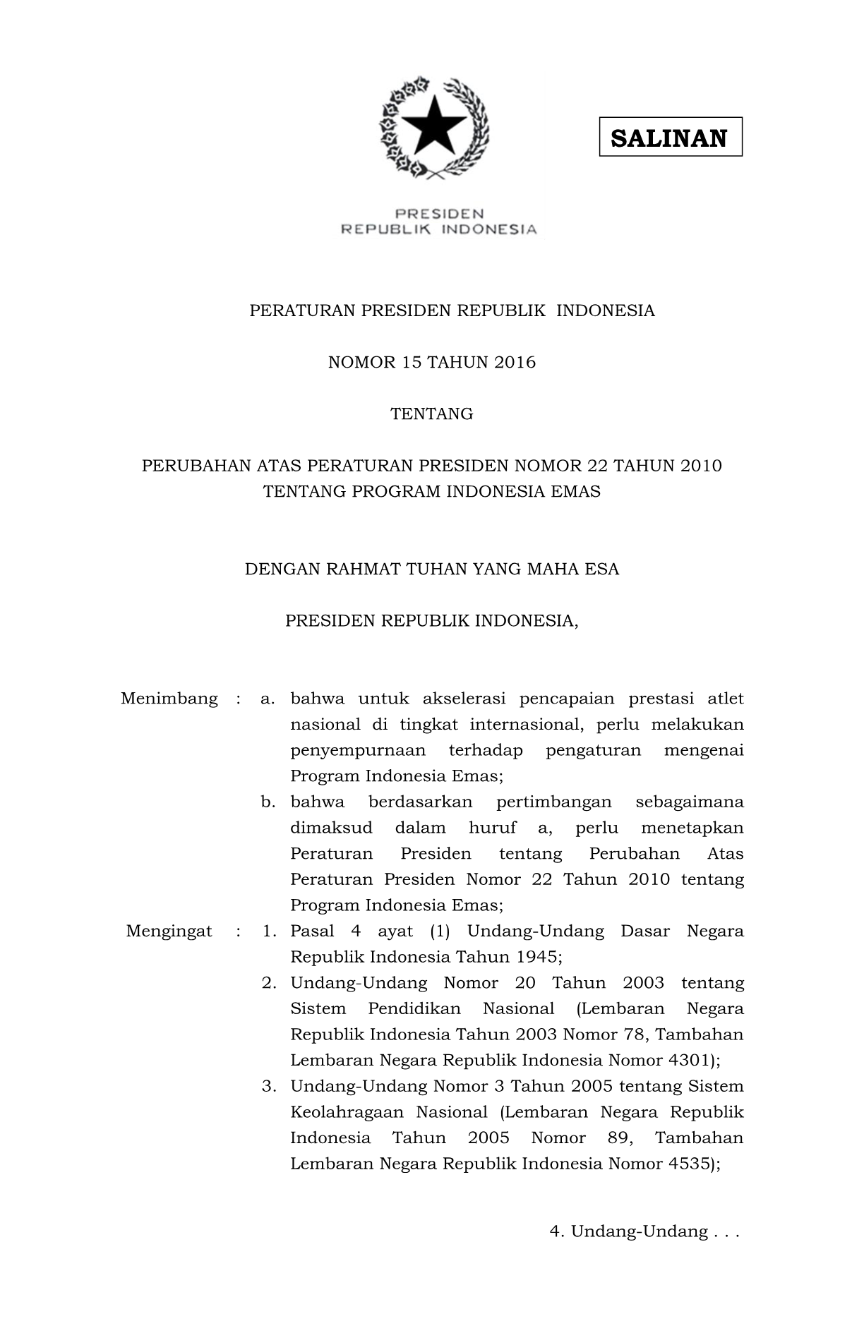 Peraturan Presiden Nomor 15 Tahun 2016