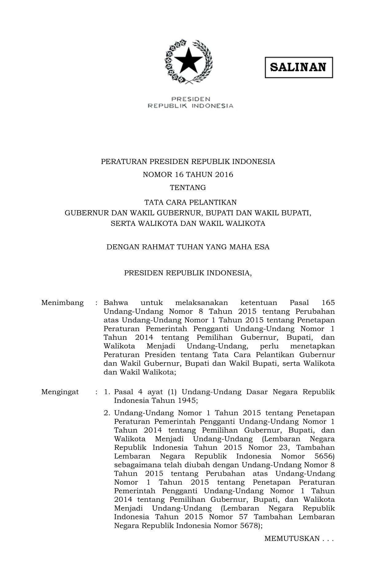 Peraturan Presiden Nomor 16 Tahun 2016