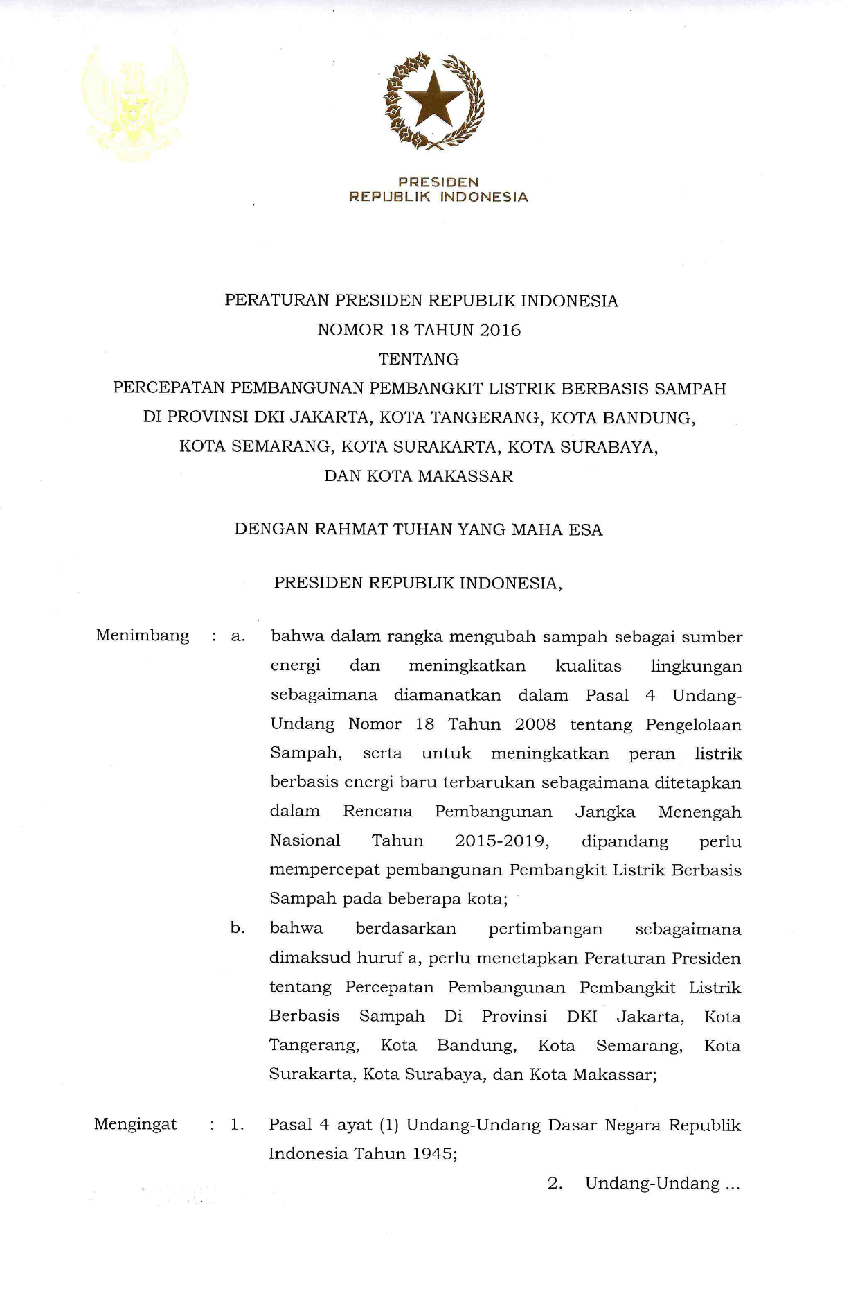 Peraturan Presiden Nomor 18 Tahun 2016