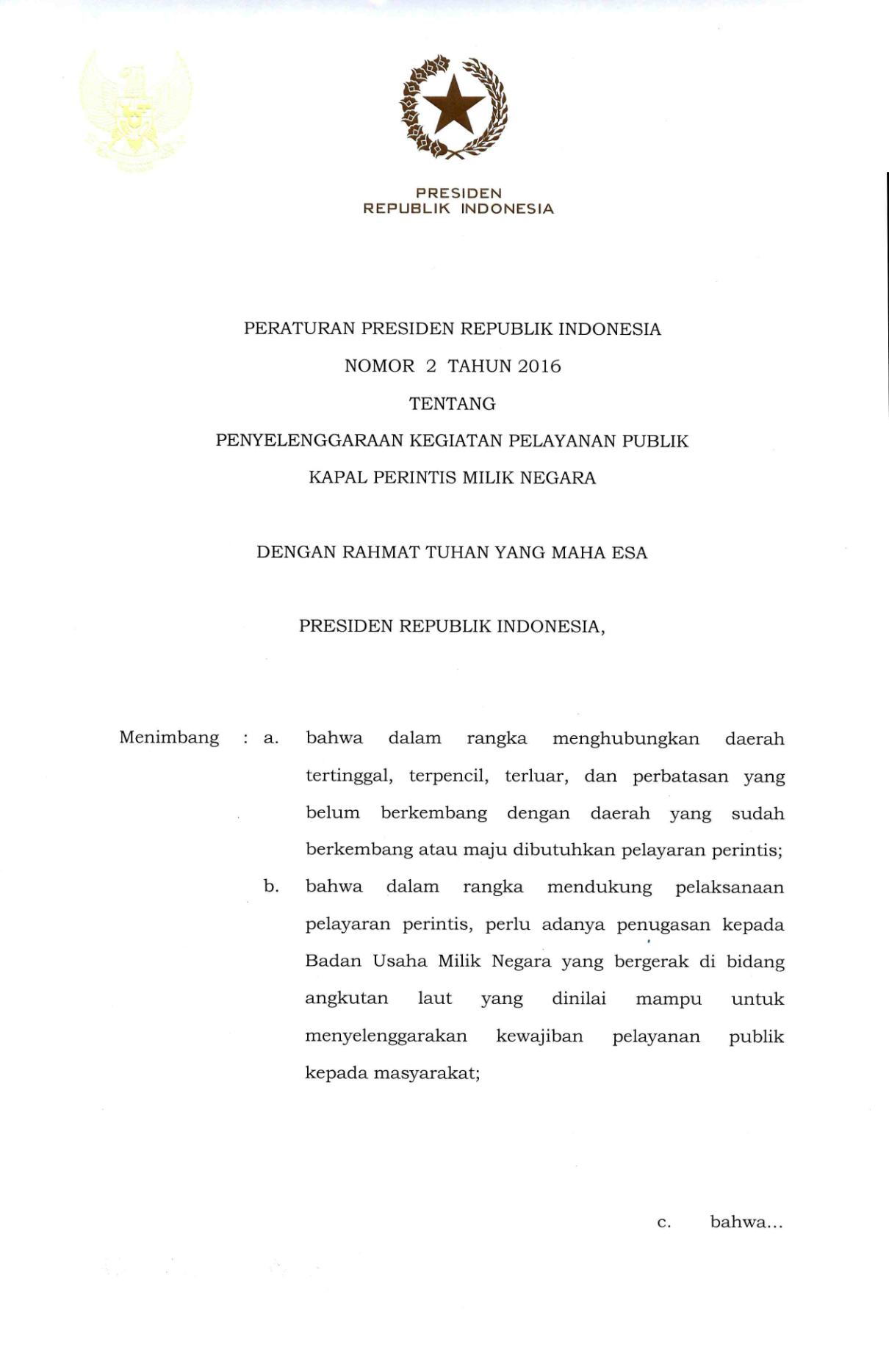 Peraturan Presiden Nomor 2 Tahun 2016