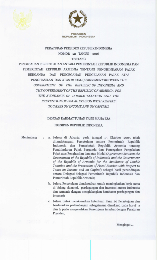 Peraturan Presiden Nomor 22 Tahun 2016