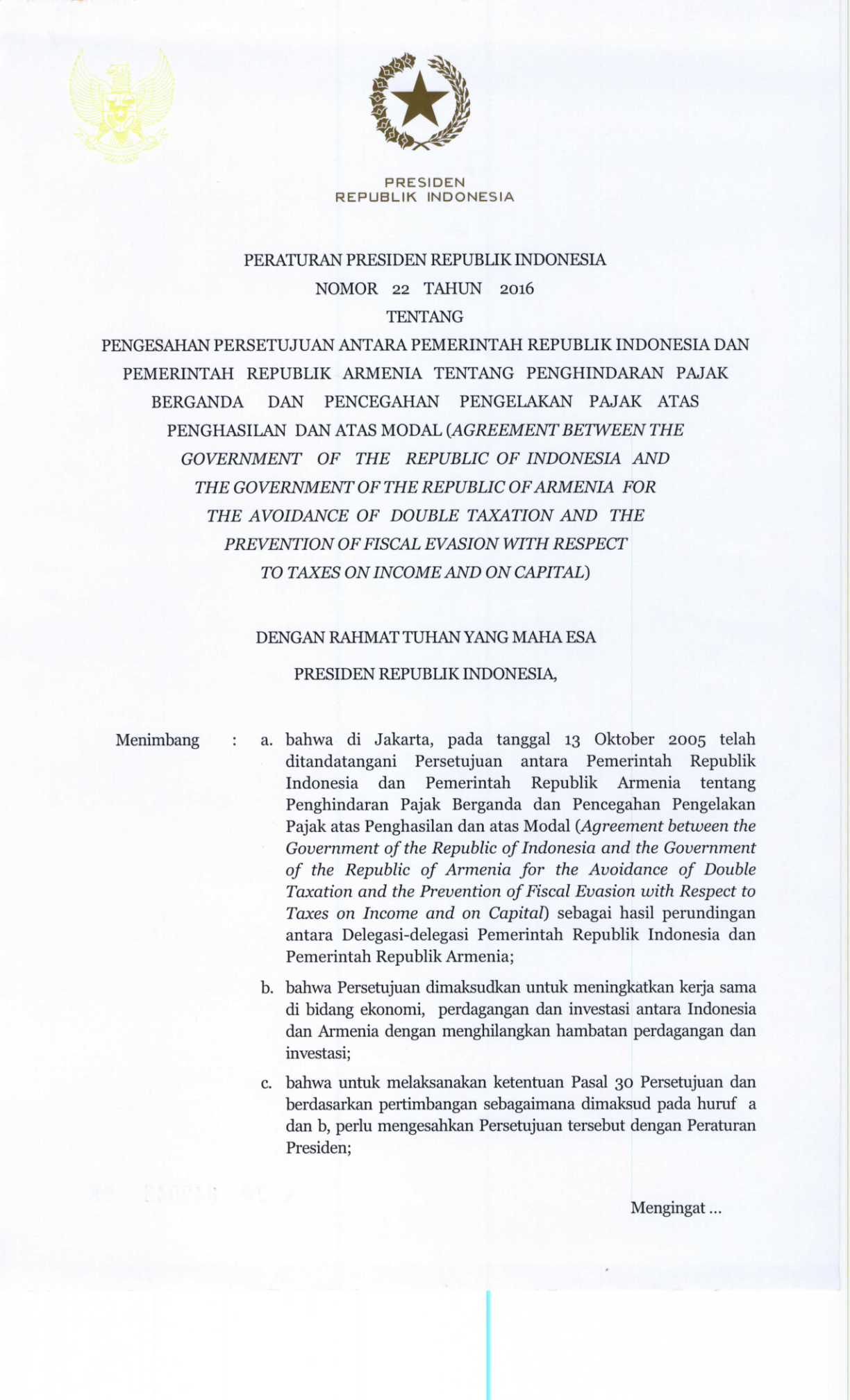 Peraturan Presiden Nomor 22 Tahun 2016