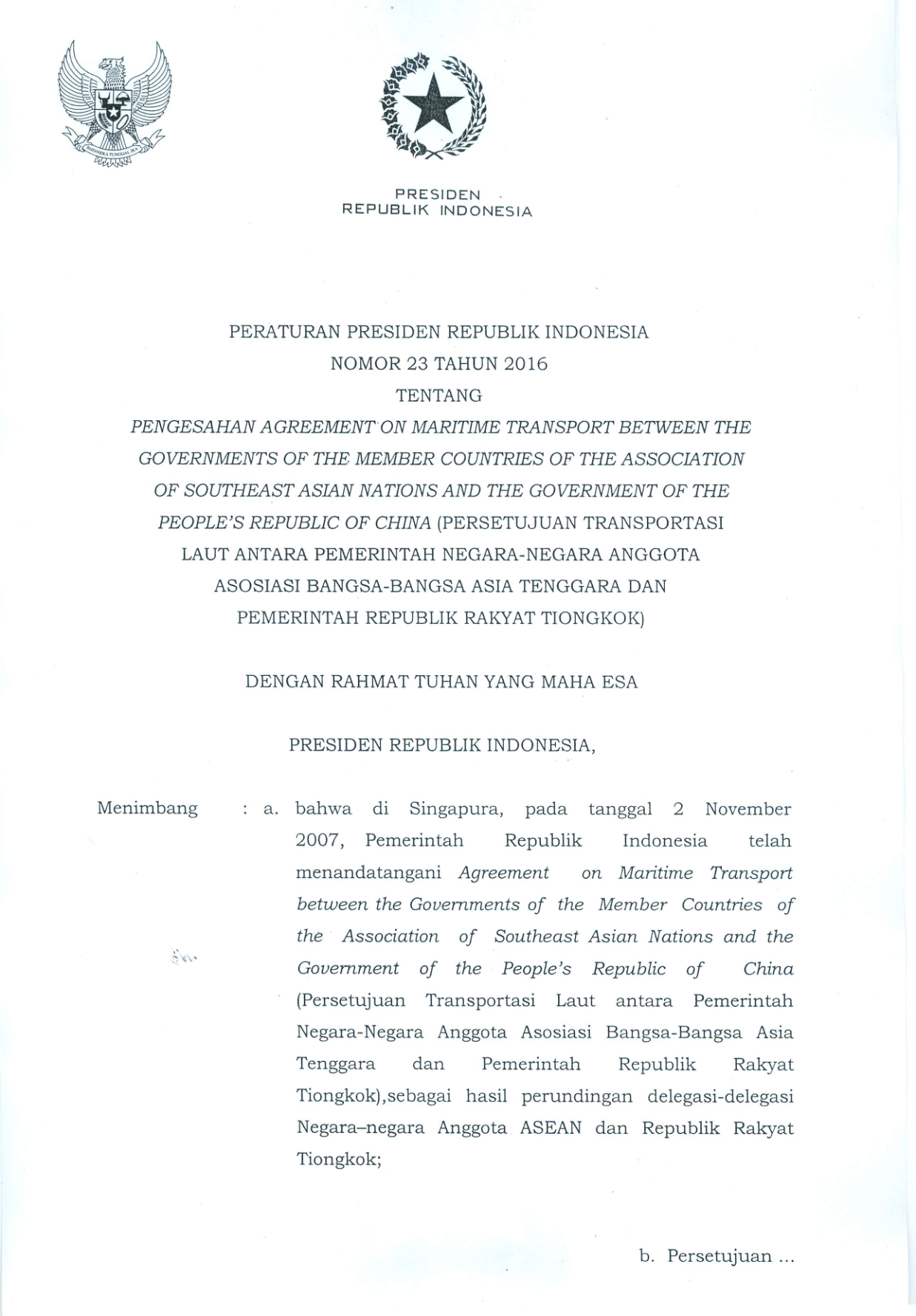 Peraturan Presiden Nomor 23 Tahun 2016