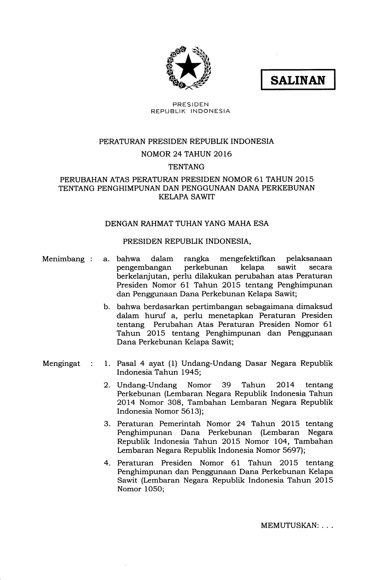 Peraturan Presiden Nomor 24 Tahun 2016