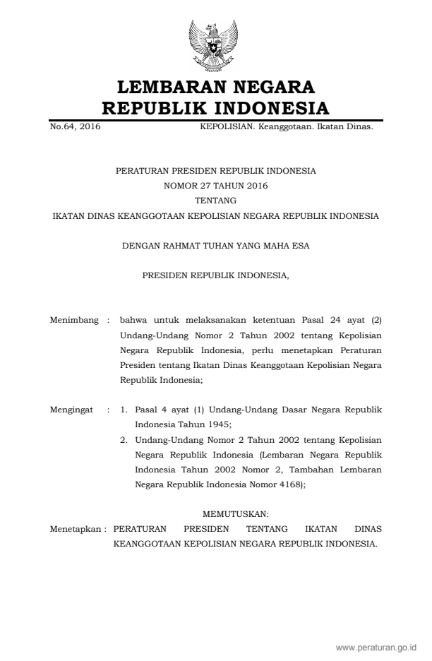 Peraturan Presiden Nomor 27 Tahun 2016