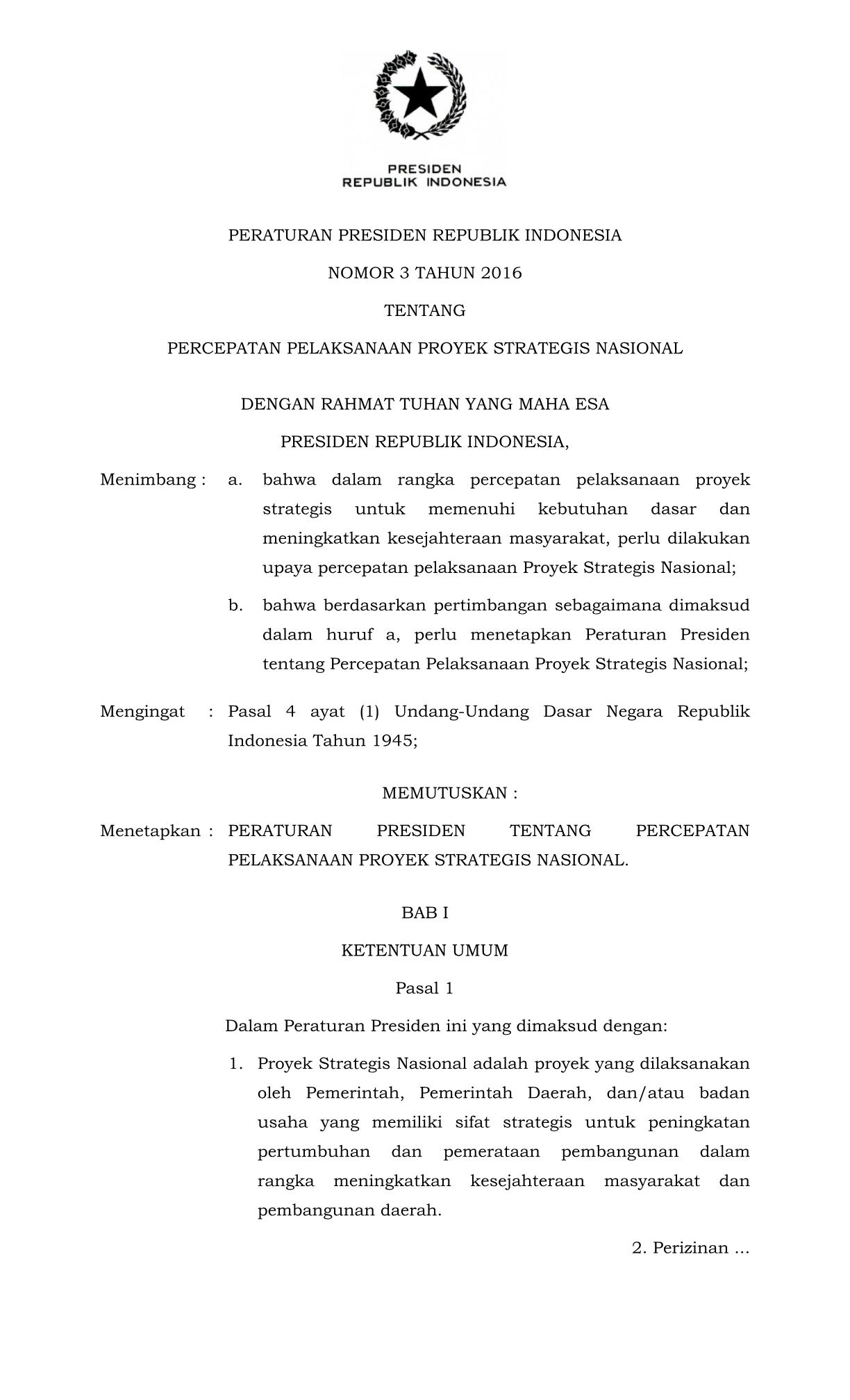 Peraturan Presiden Nomor 3 Tahun 2016