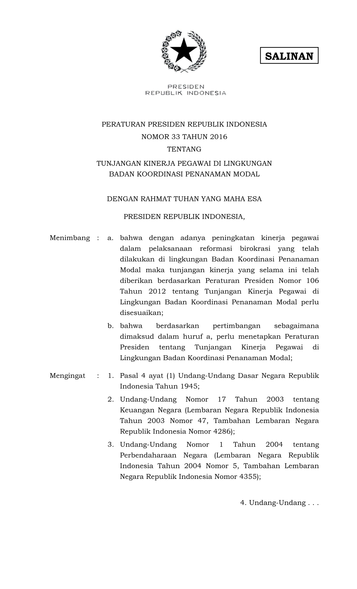 Peraturan Presiden Nomor 33 Tahun 2016