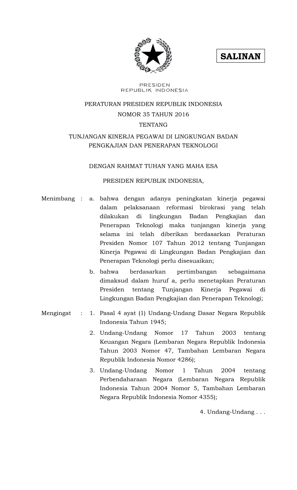 Peraturan Presiden Nomor 35 Tahun 2016