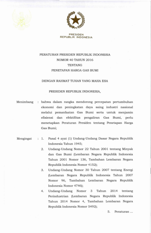 Peraturan Presiden Nomor 40 Tahun 2016