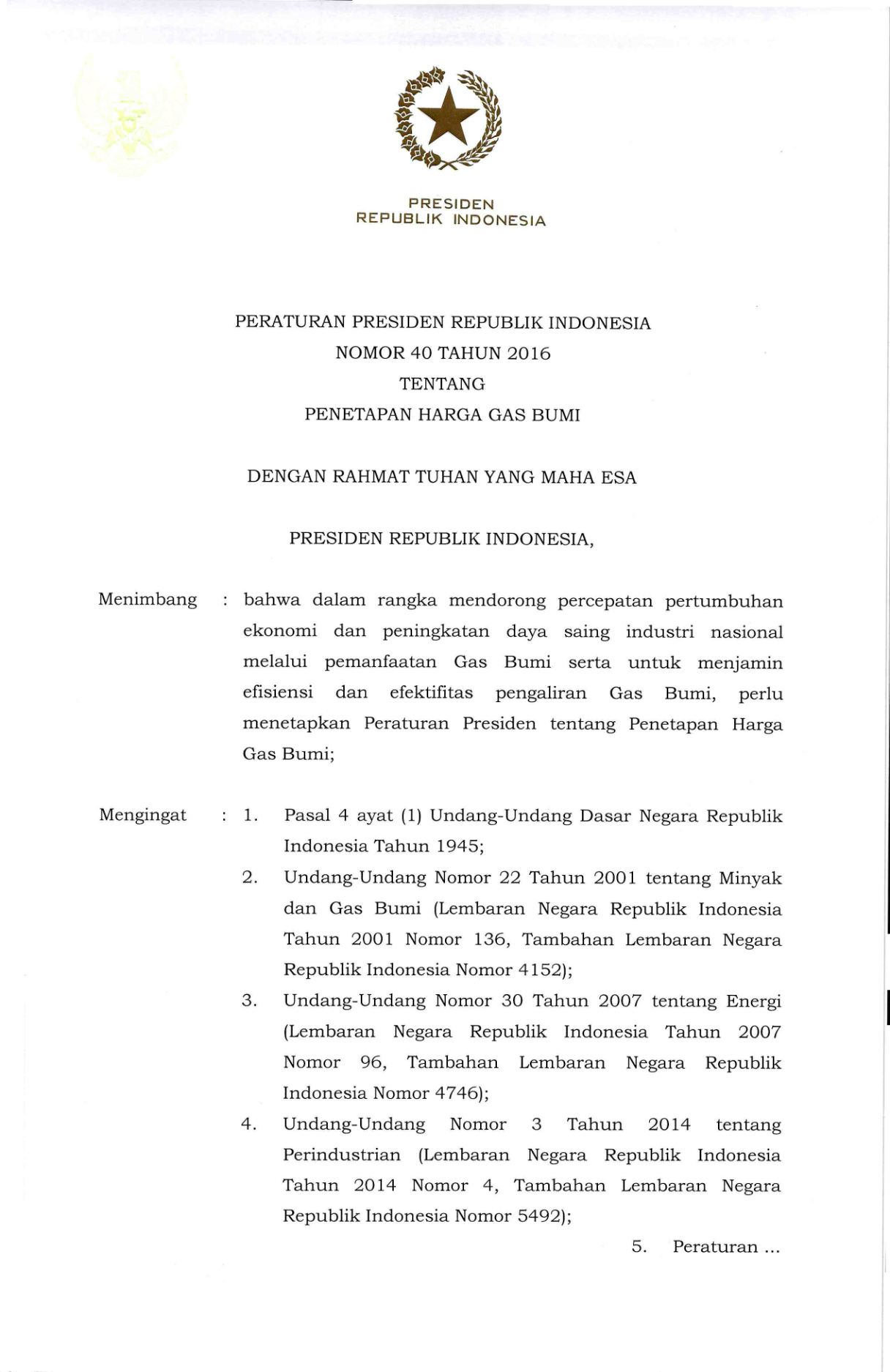 Peraturan Presiden Nomor 40 Tahun 2016