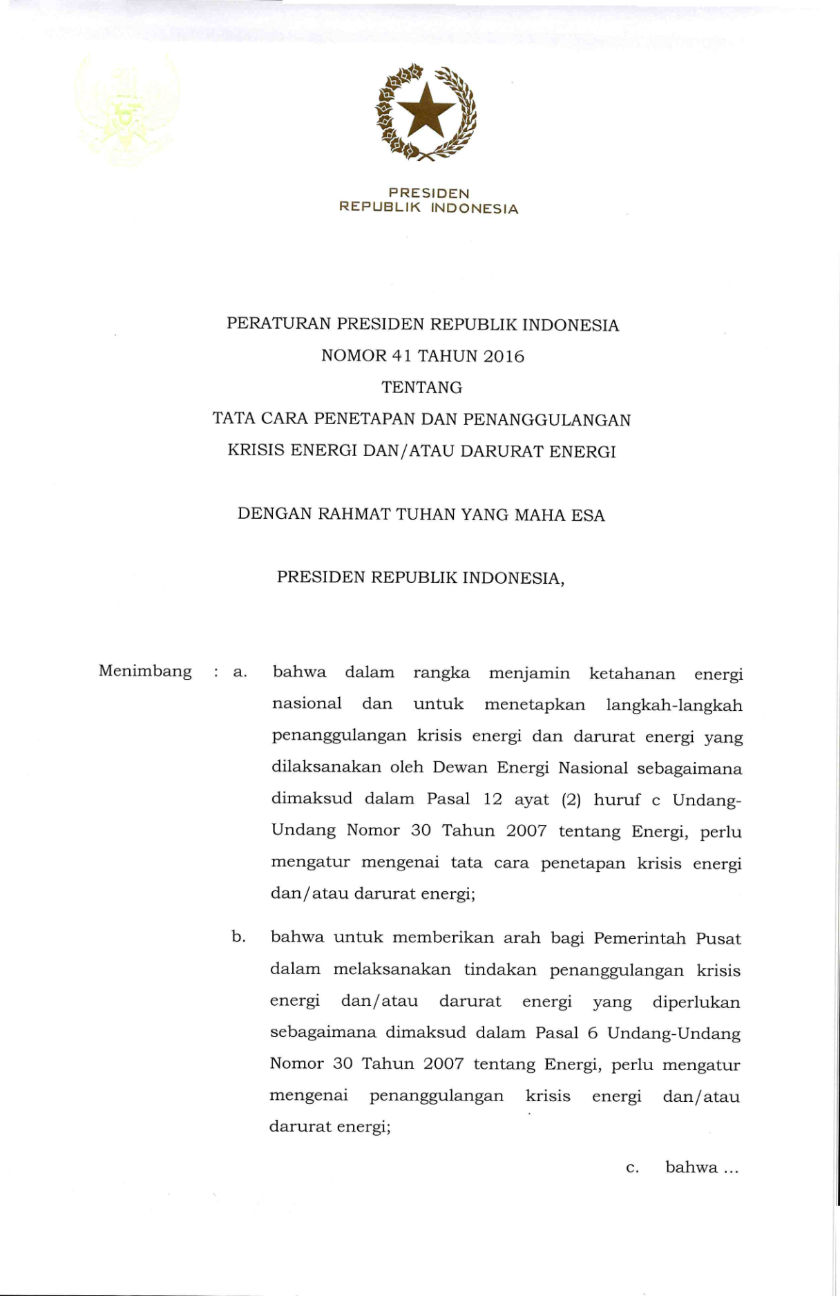 Peraturan Presiden Nomor 41 Tahun 2016