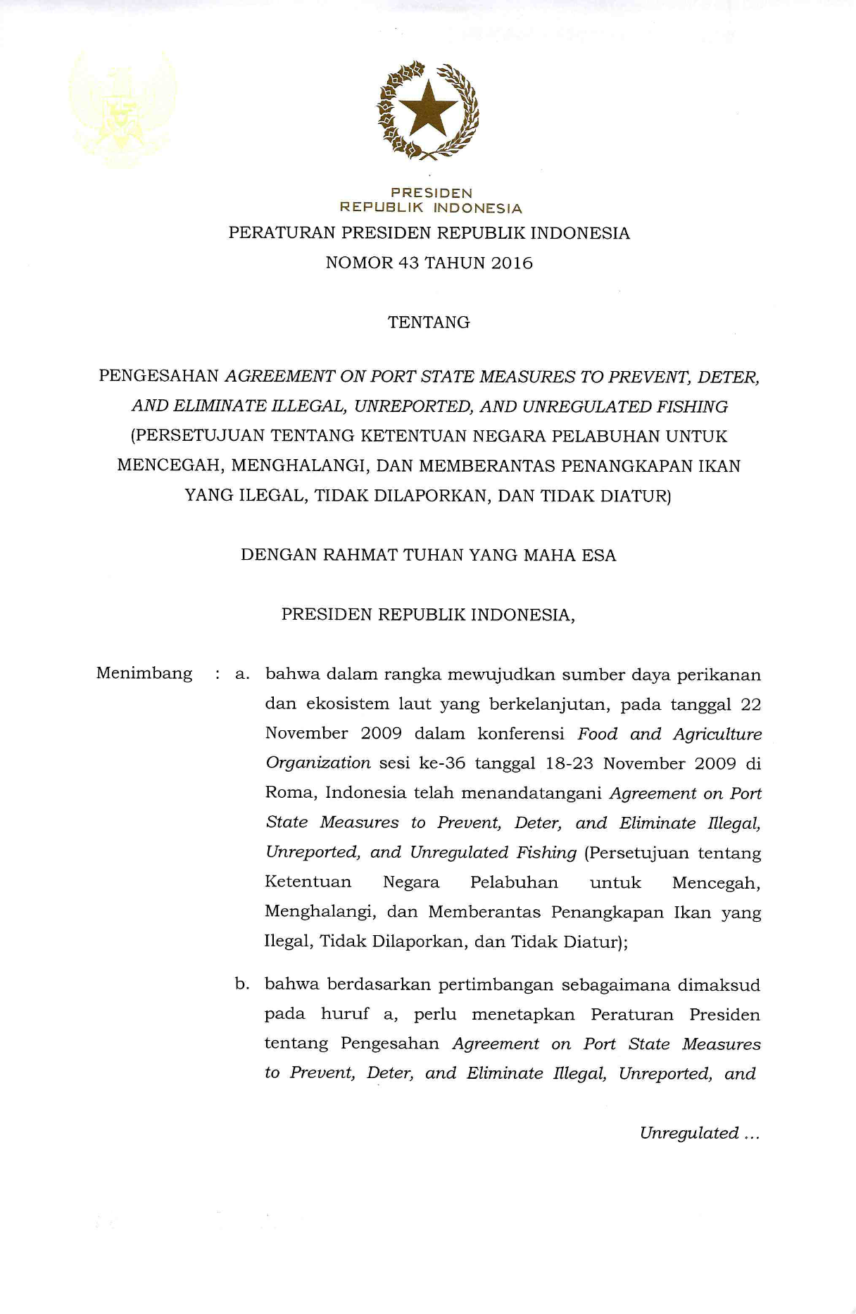 Peraturan Presiden Nomor 43 Tahun 2016