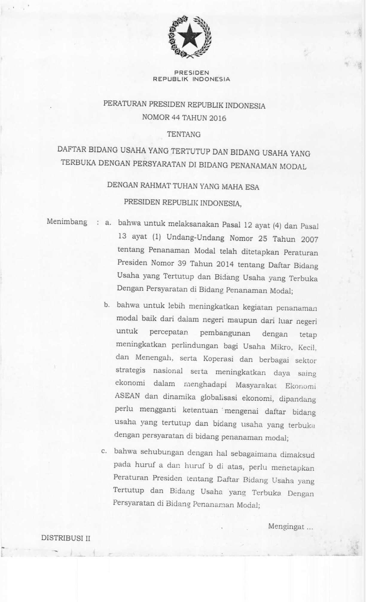Peraturan Presiden Nomor 44 Tahun 2016