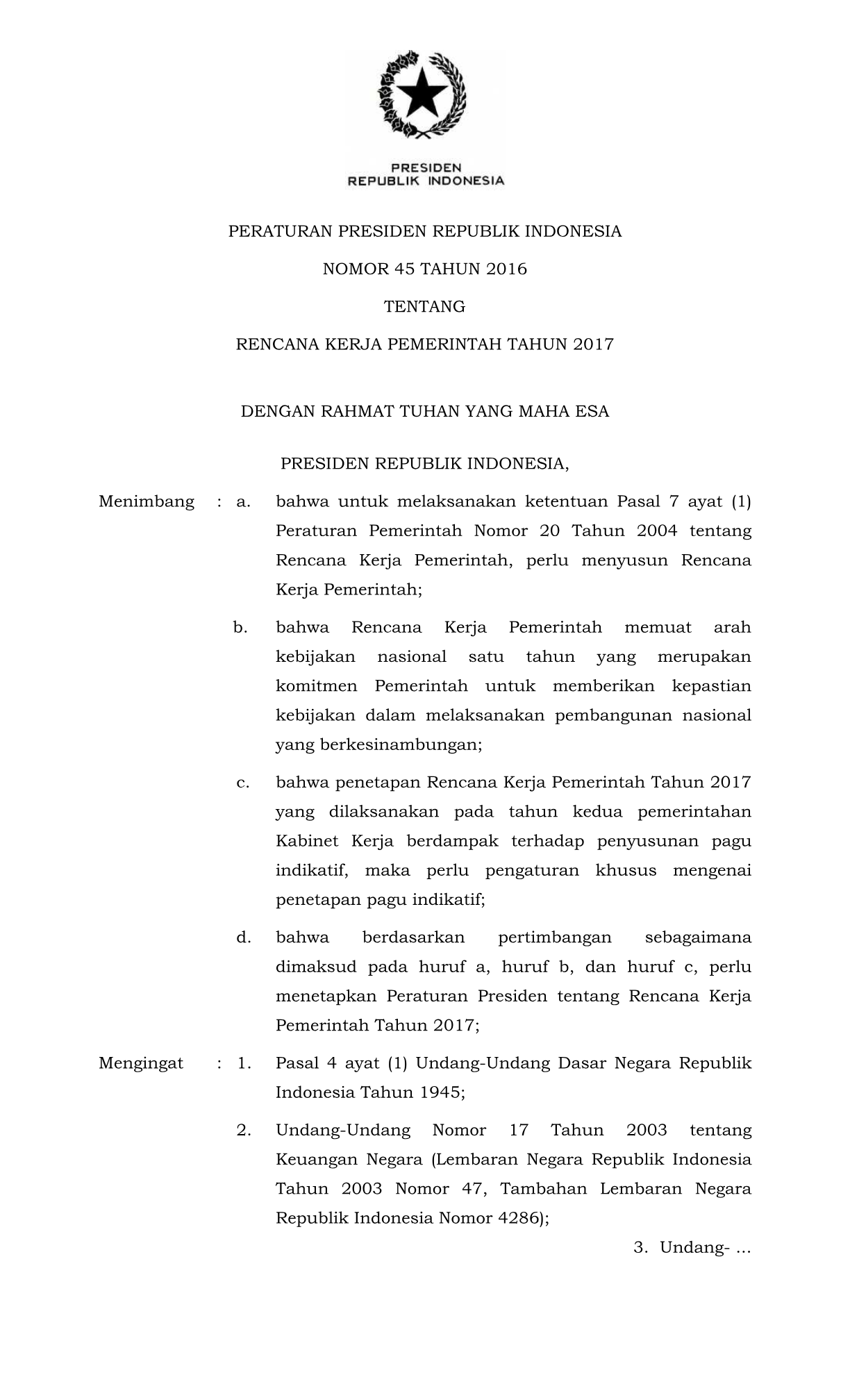 Peraturan Presiden Nomor 45 Tahun 2016