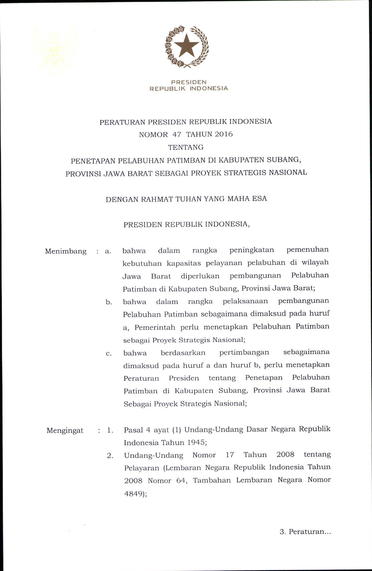 Peraturan Presiden Nomor 47 Tahun 2016