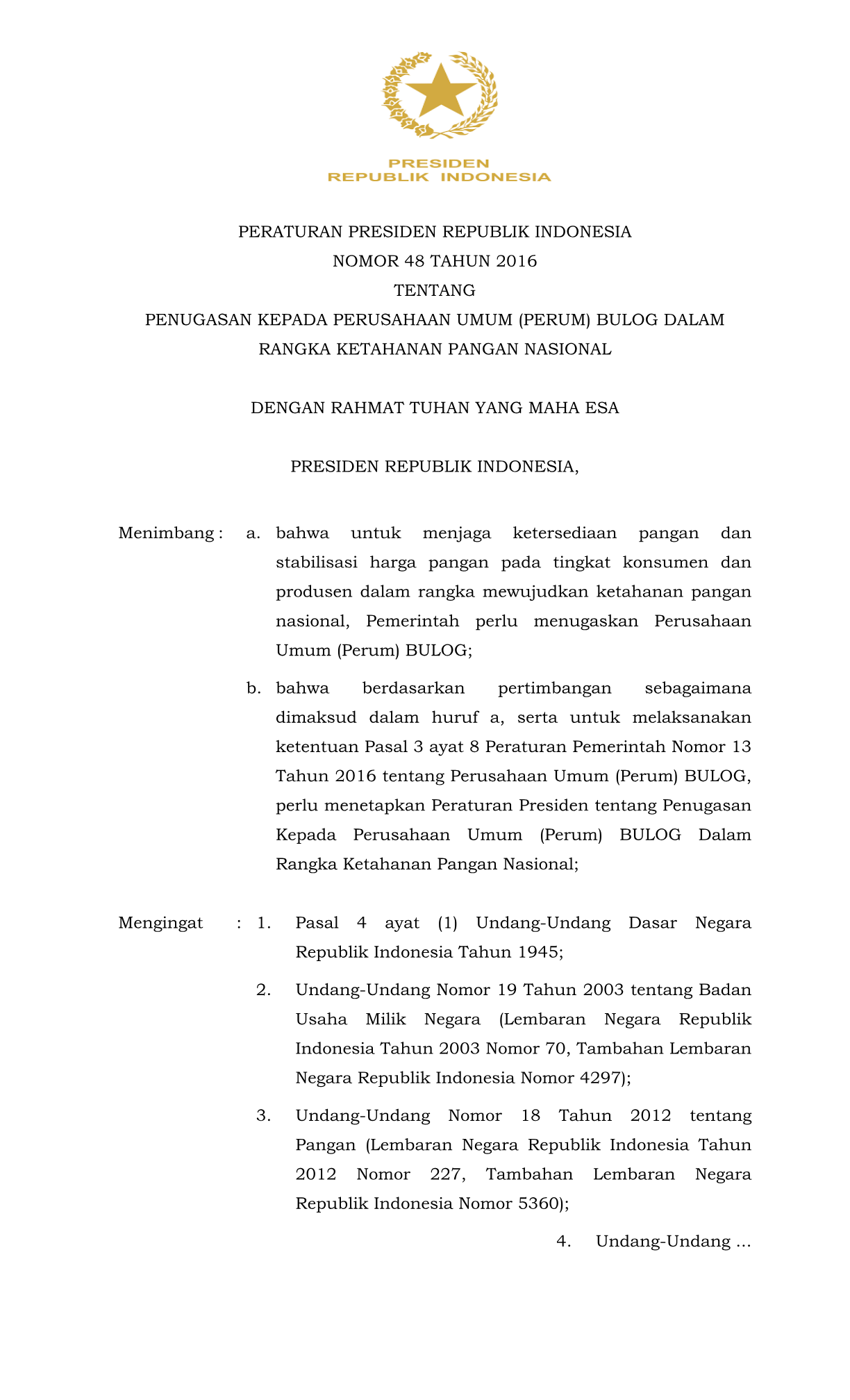 Peraturan Presiden Nomor 48 Tahun 2016