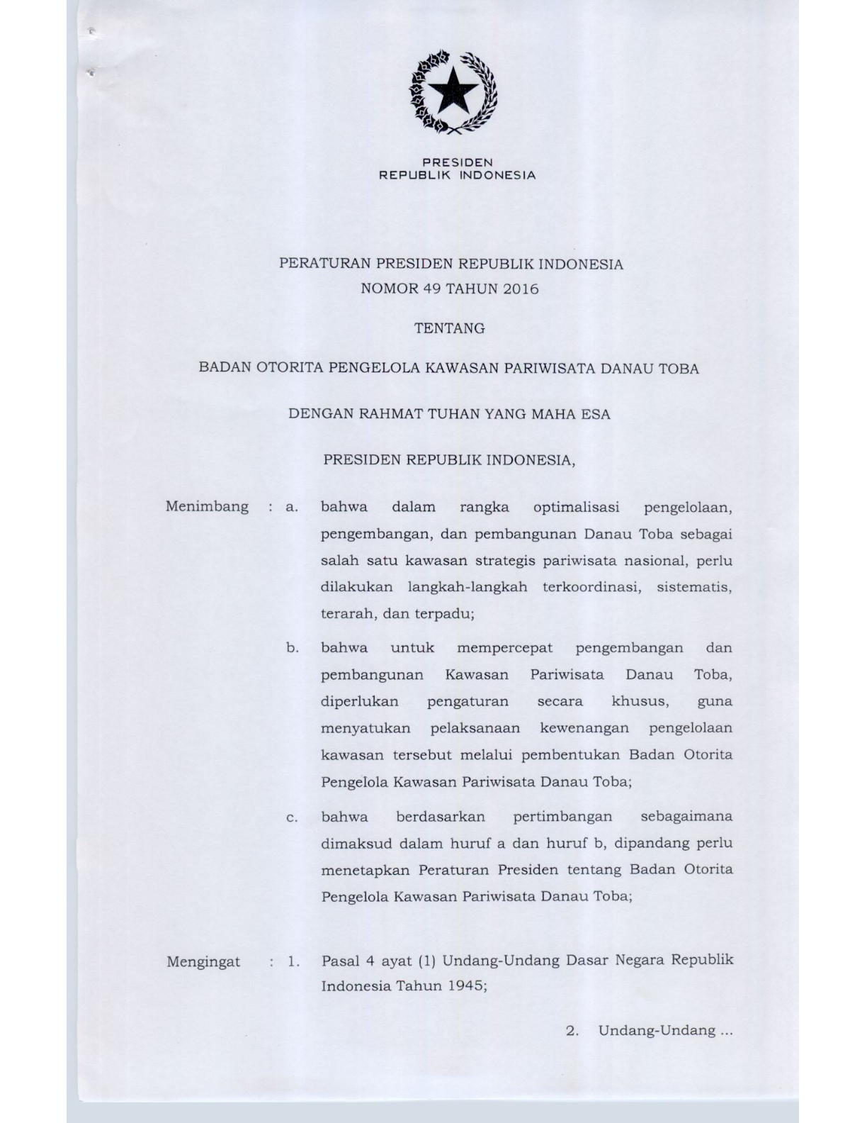 Peraturan Presiden Nomor 49 Tahun 2016