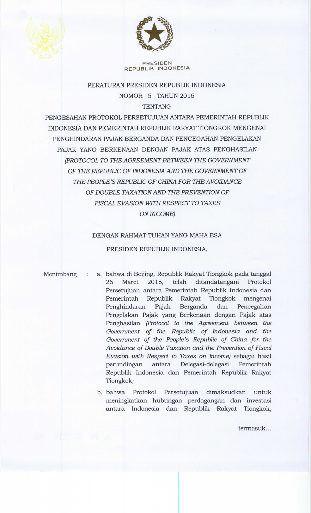 Peraturan Presiden Nomor 5 Tahun 2016