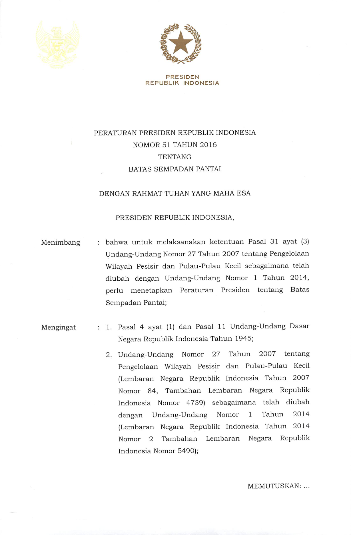 Peraturan Presiden Nomor 51 Tahun 2016