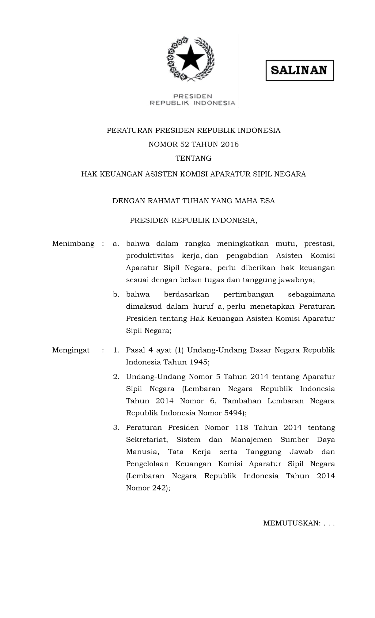 Peraturan Presiden Nomor 52 Tahun 2016