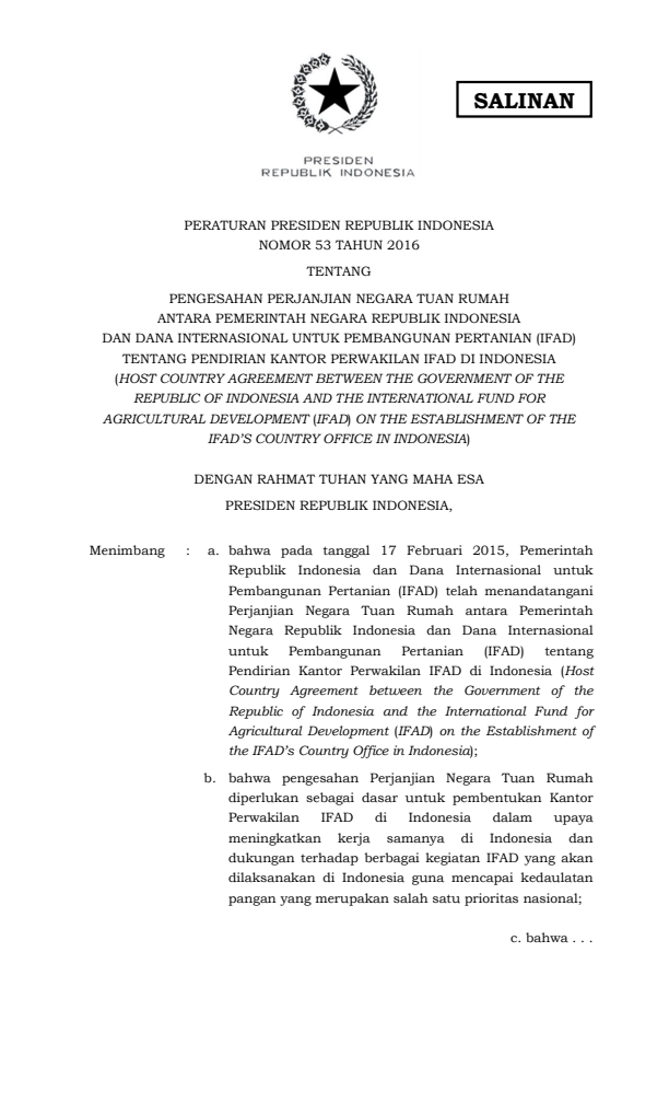 Peraturan Presiden Nomor 53 Tahun 2016