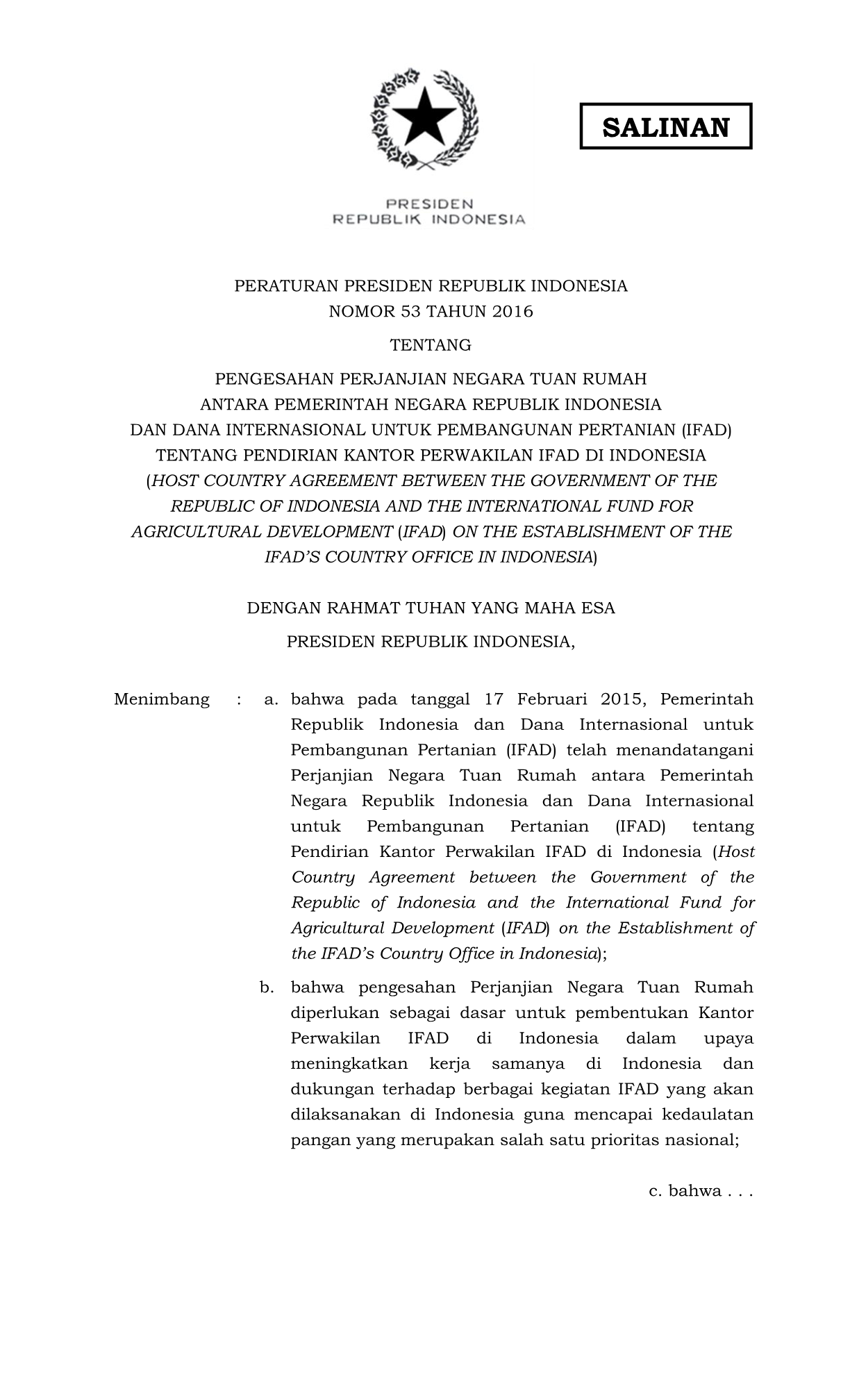 Peraturan Presiden Nomor 53 Tahun 2016