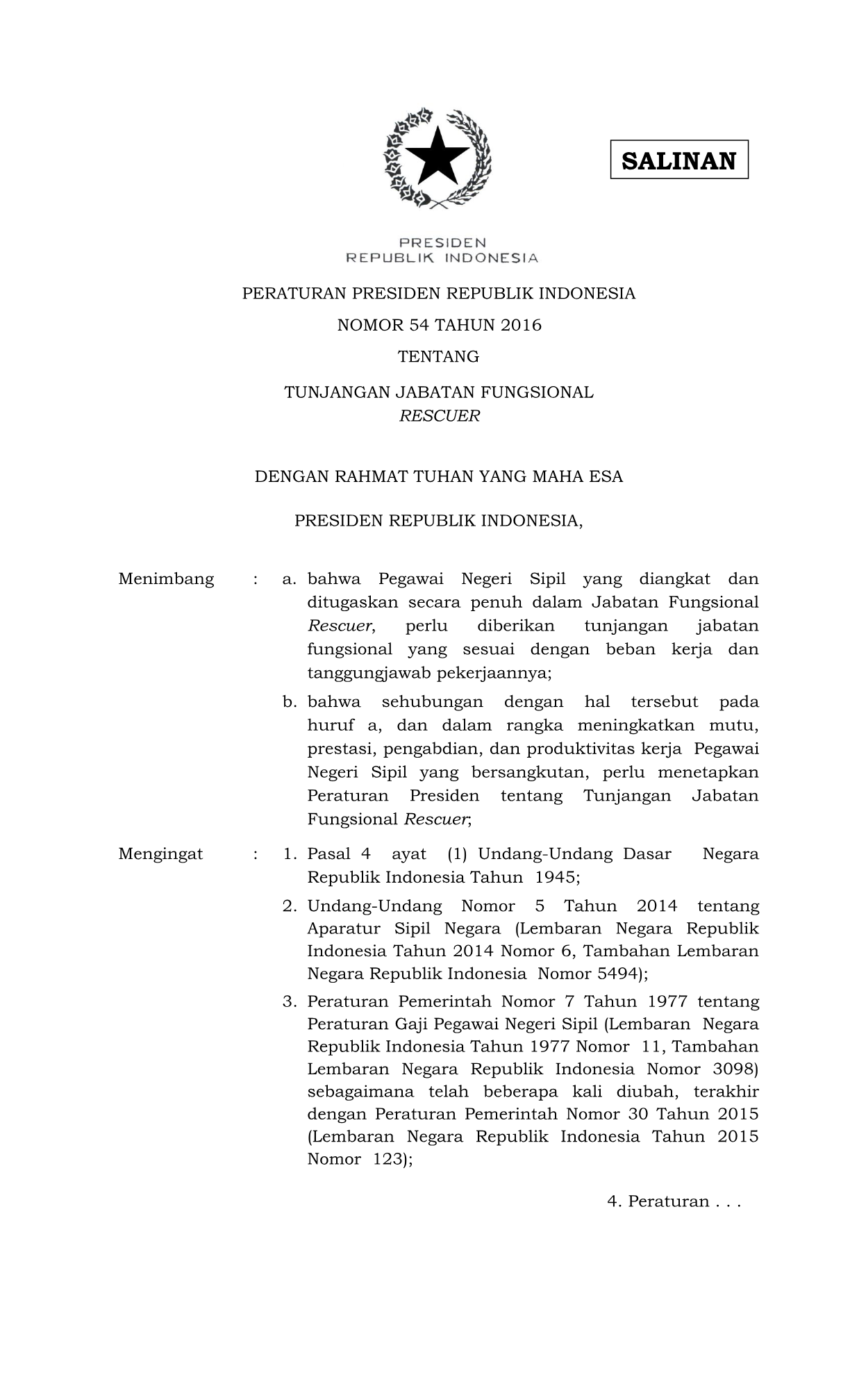 Peraturan Presiden Nomor 54 Tahun 2016