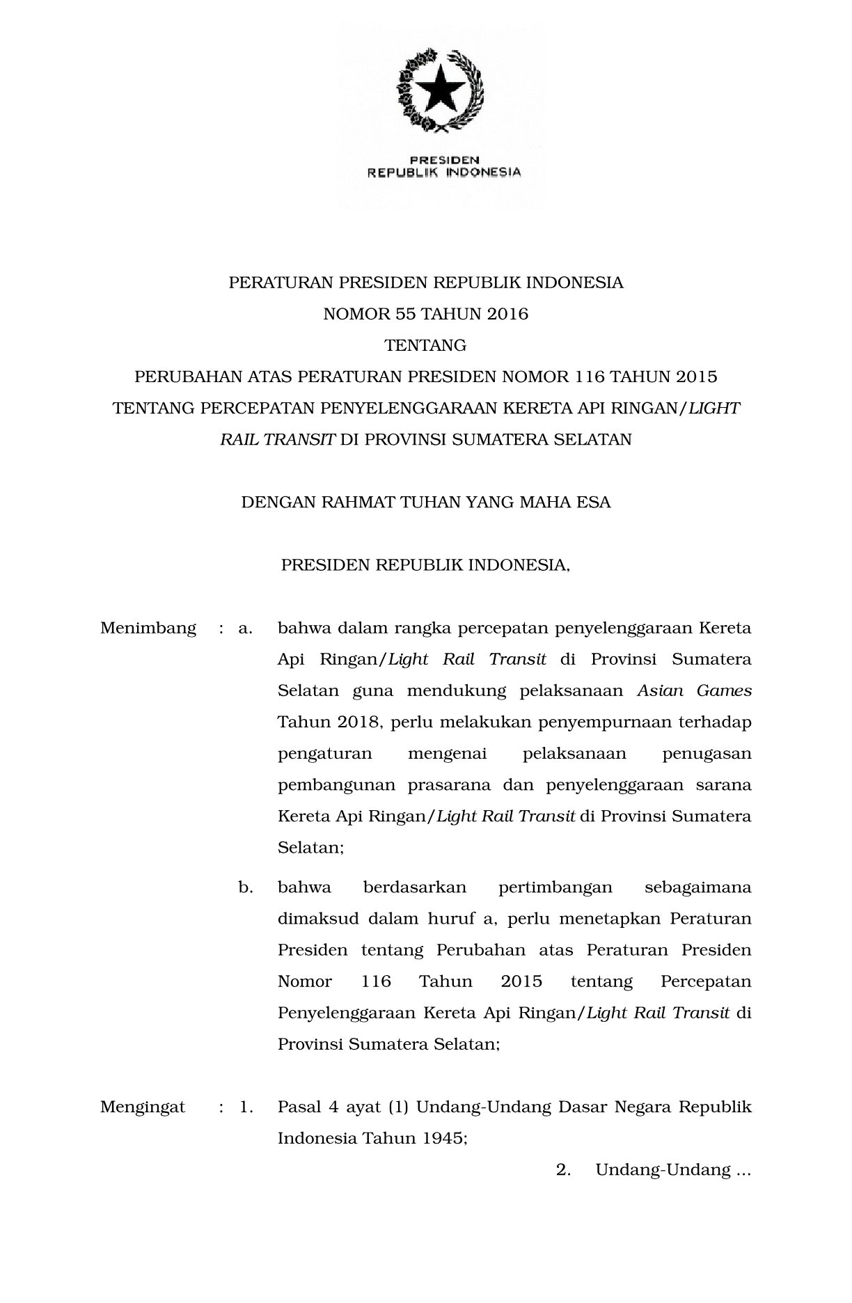 Peraturan Presiden Nomor 55 Tahun 2016