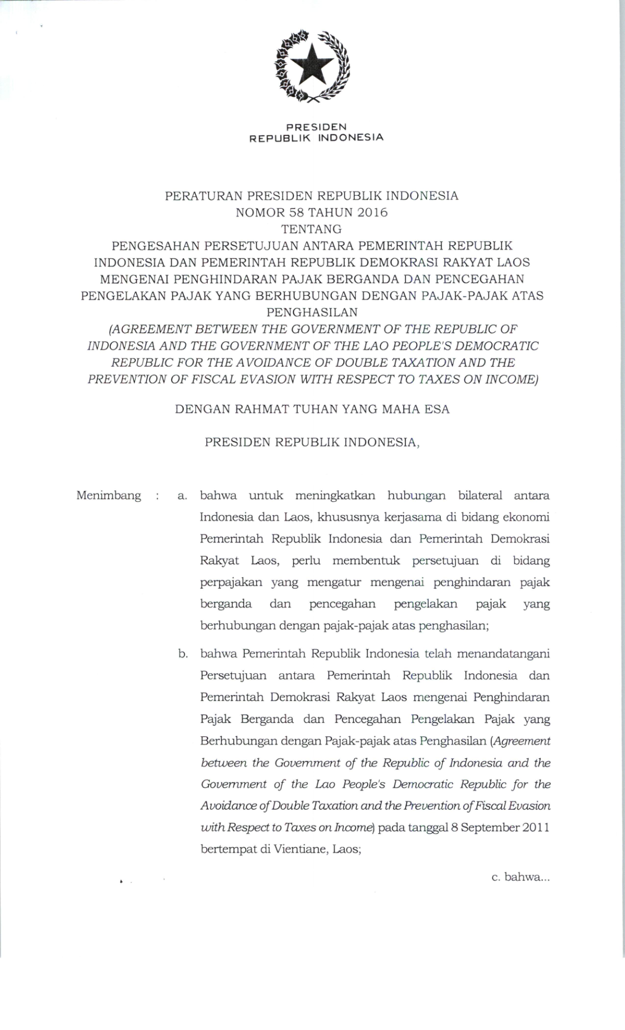 Peraturan Presiden Nomor 58 Tahun 2016