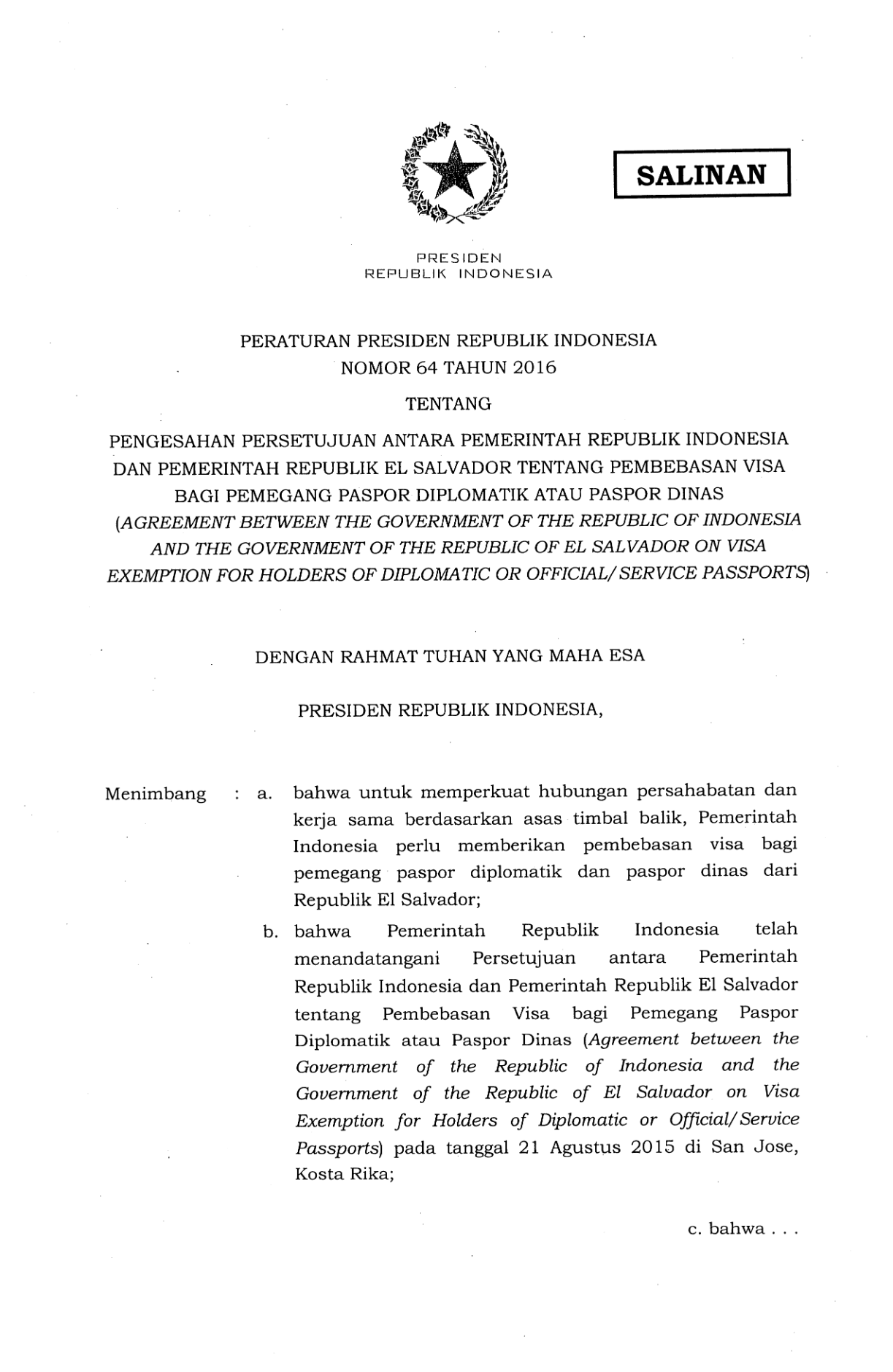 Peraturan Presiden Nomor 64 Tahun 2016