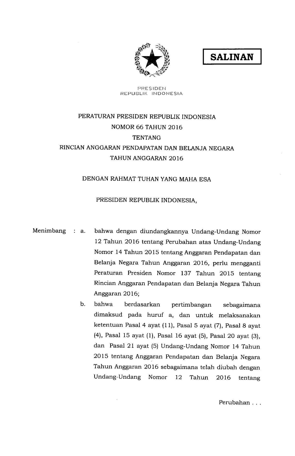 Peraturan Presiden Nomor 66 Tahun 2016