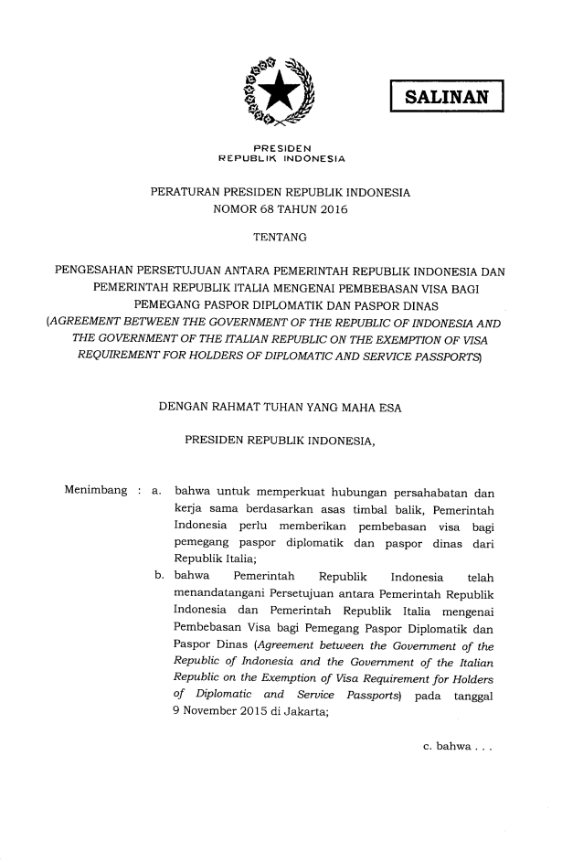 Peraturan Presiden Nomor 68 Tahun 2016