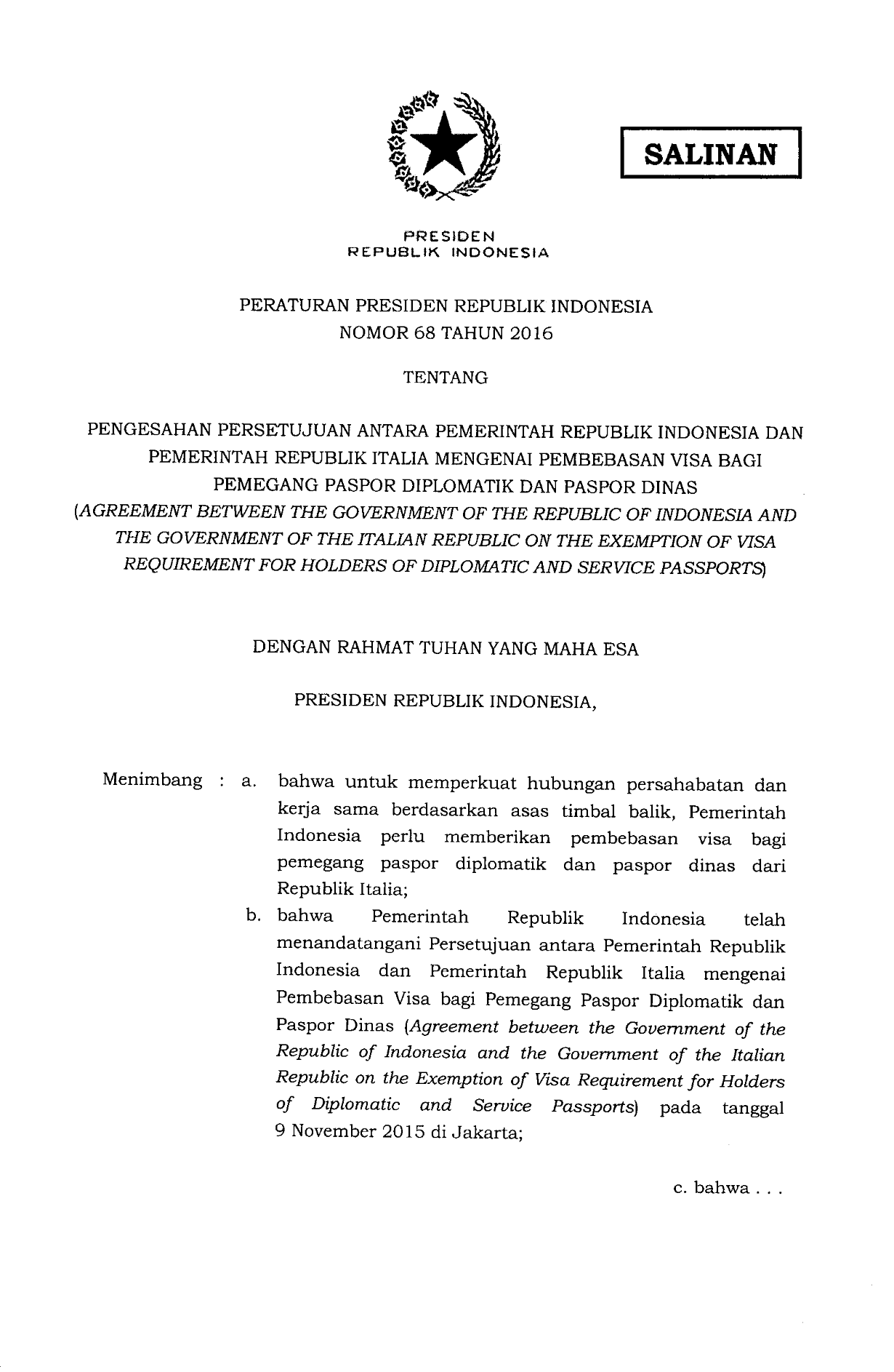 Peraturan Presiden Nomor 68 Tahun 2016