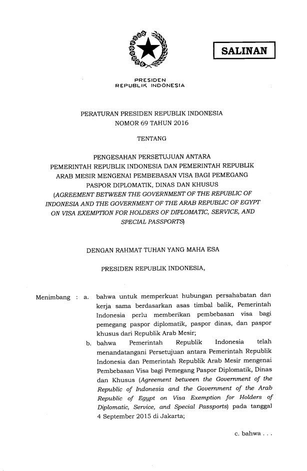 Peraturan Presiden Nomor 69 Tahun 2016