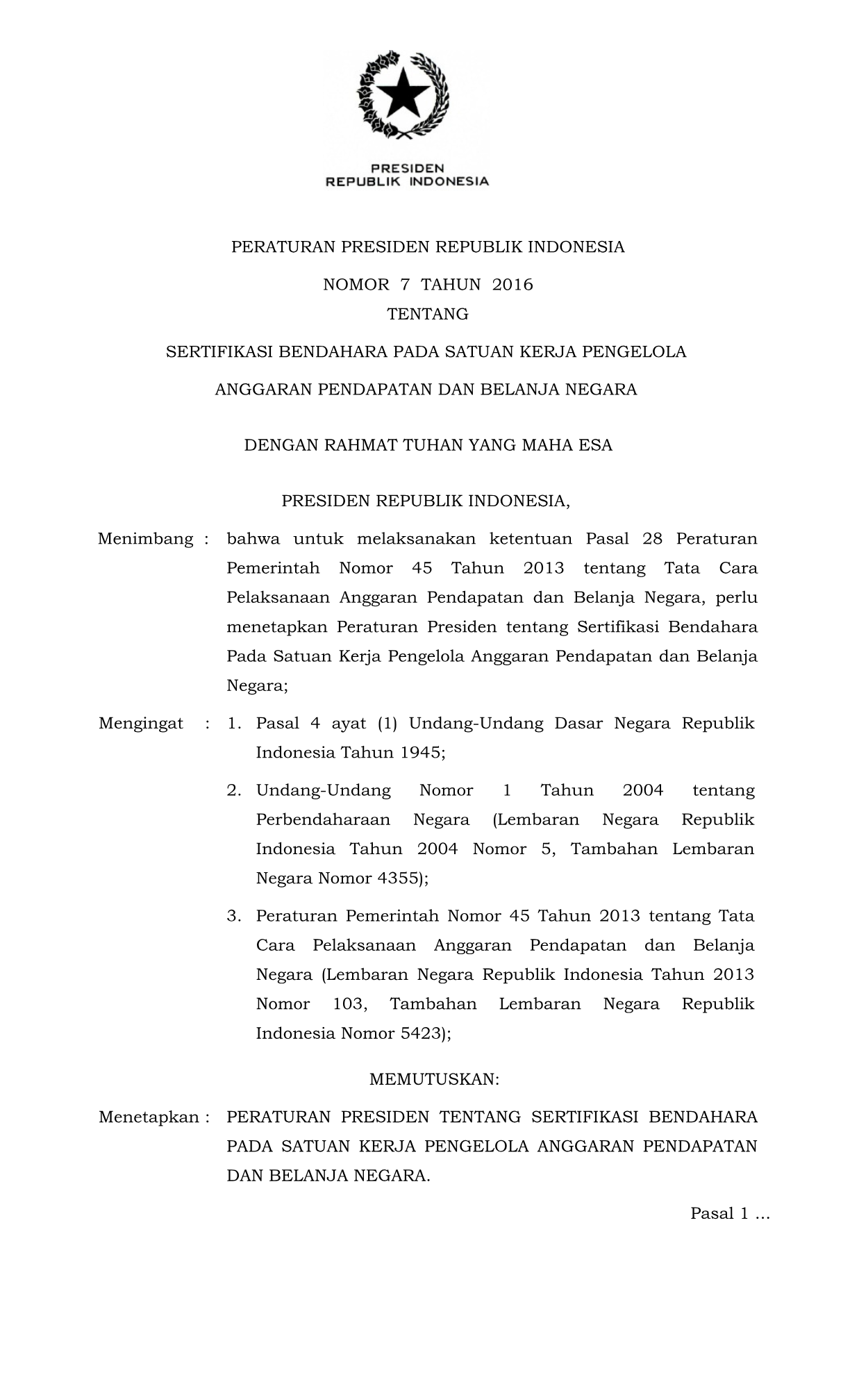 Peraturan Presiden Nomor 7 Tahun 2016