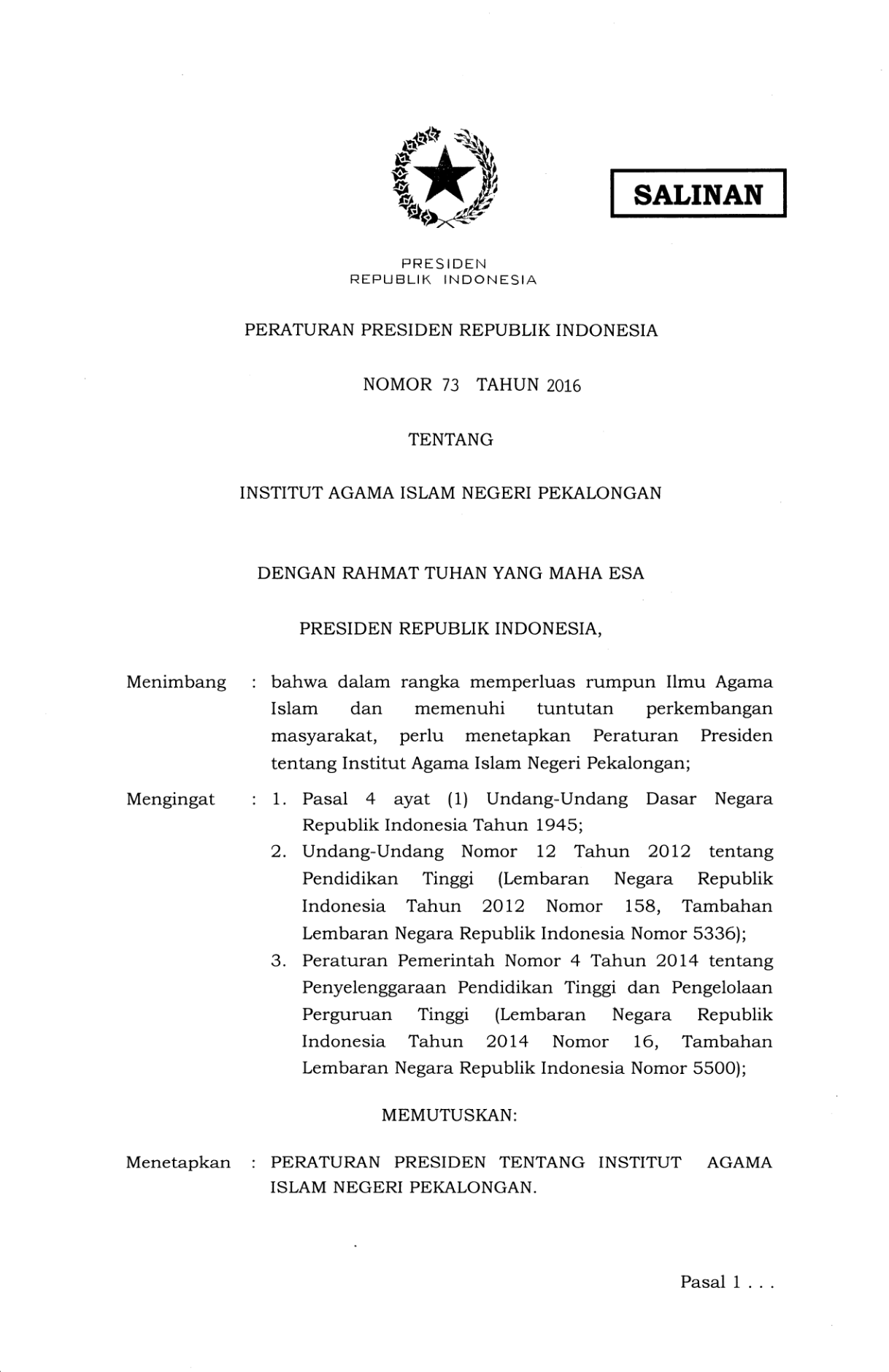 Peraturan Presiden Nomor 73 Tahun 2016