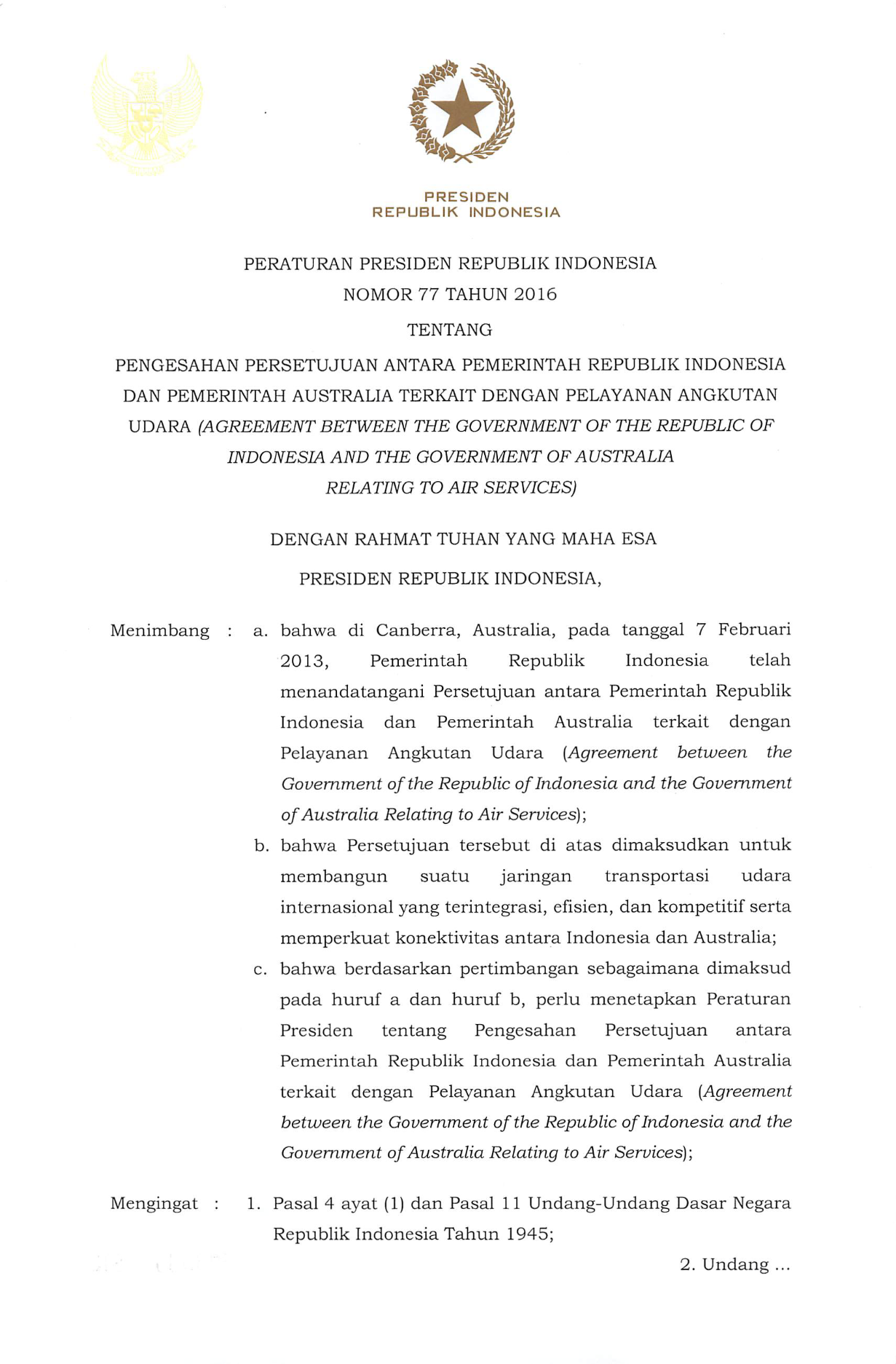 Peraturan Presiden Nomor 77 Tahun 2016