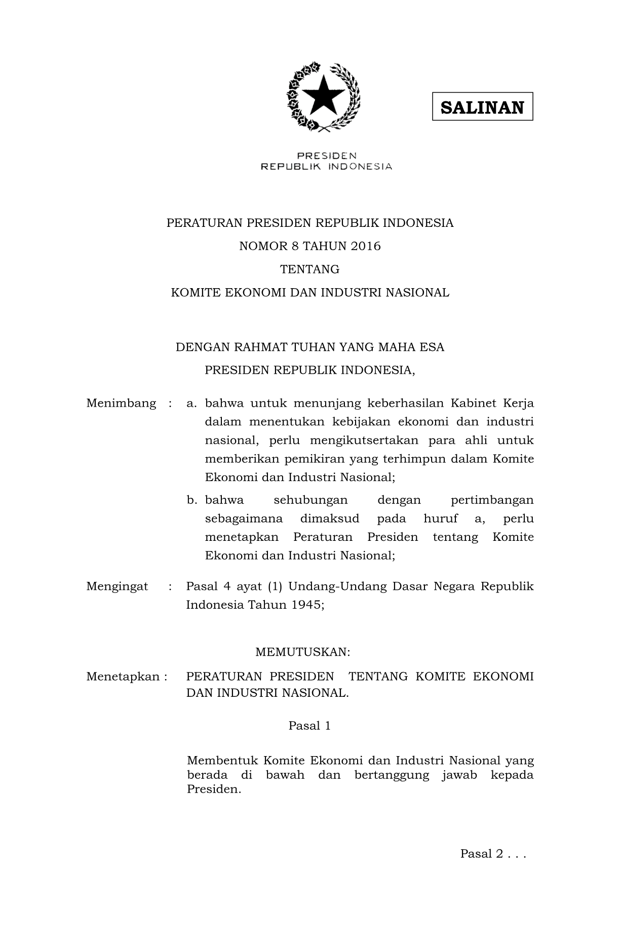 Peraturan Presiden Nomor 8 Tahun 2016