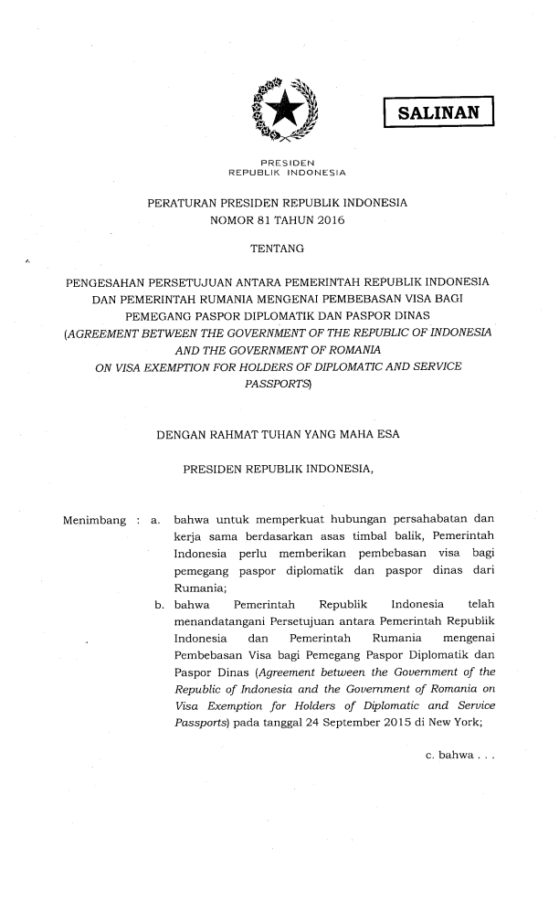 Peraturan Presiden Nomor 81 Tahun 2016