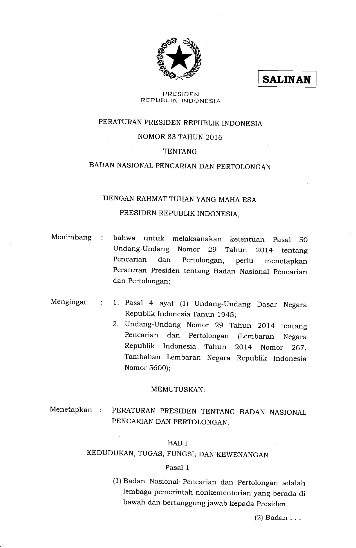 Peraturan Presiden Nomor 83 Tahun 2016