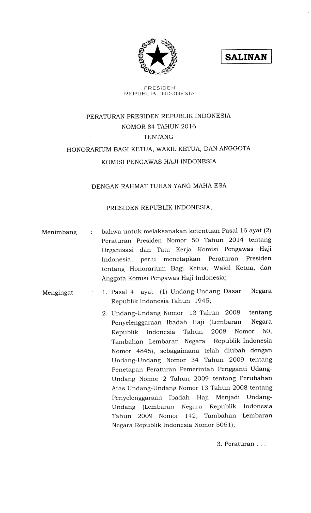 Peraturan Presiden Nomor 84 Tahun 2016