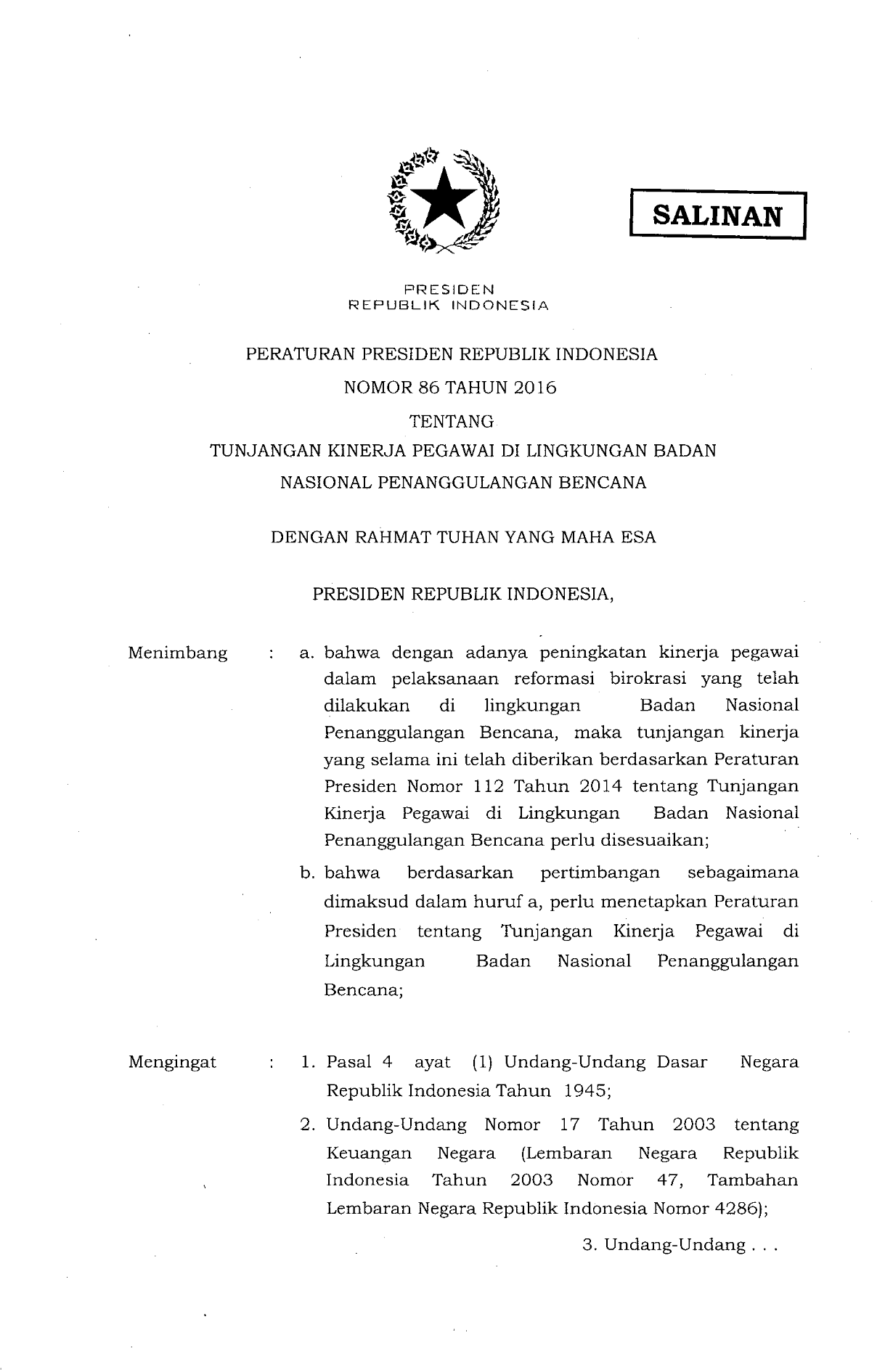 Peraturan Presiden Nomor 86 Tahun 2016
