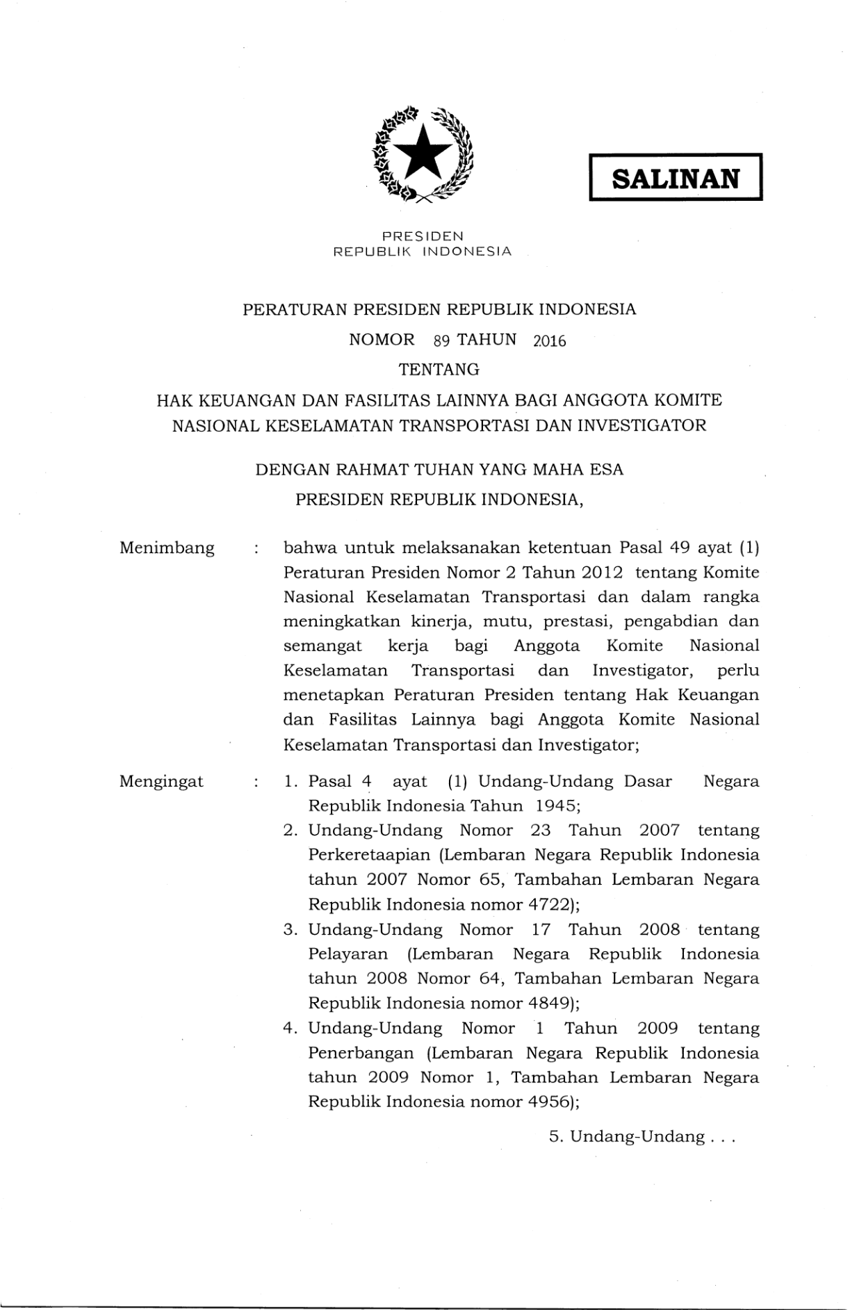 Peraturan Presiden Nomor 89 Tahun 2016