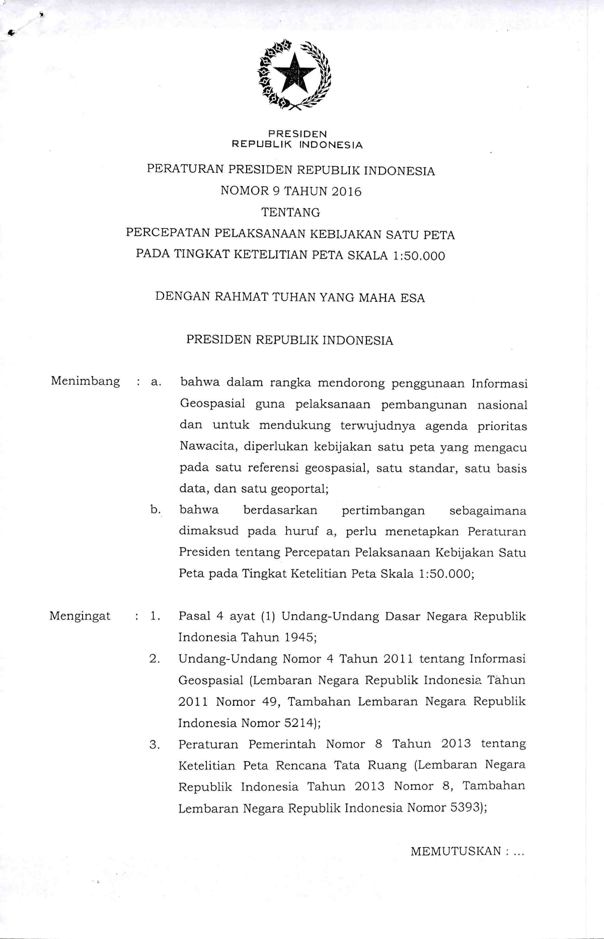 Peraturan Presiden Nomor 9 Tahun 2016