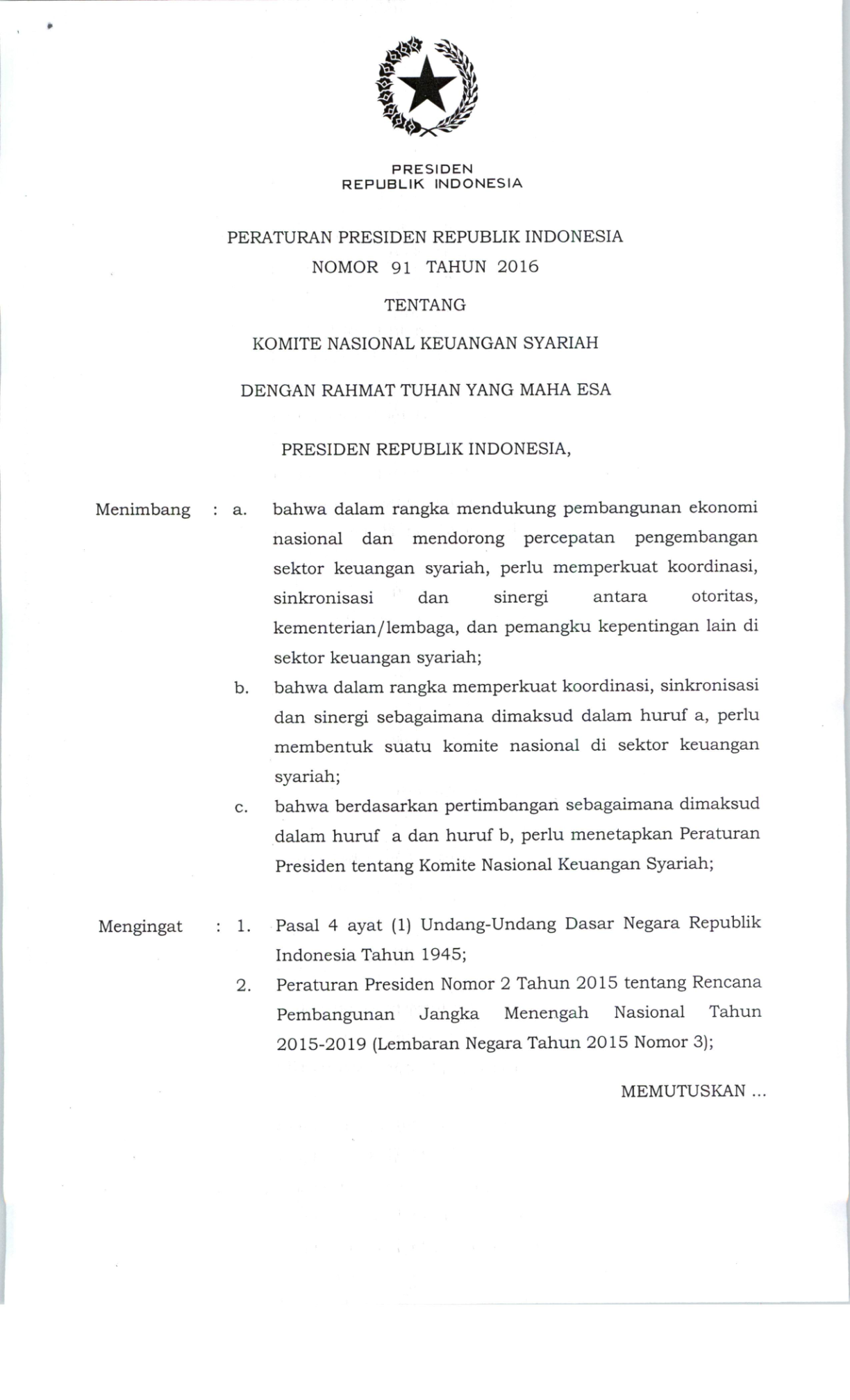 Peraturan Presiden Nomor 91 Tahun 2016